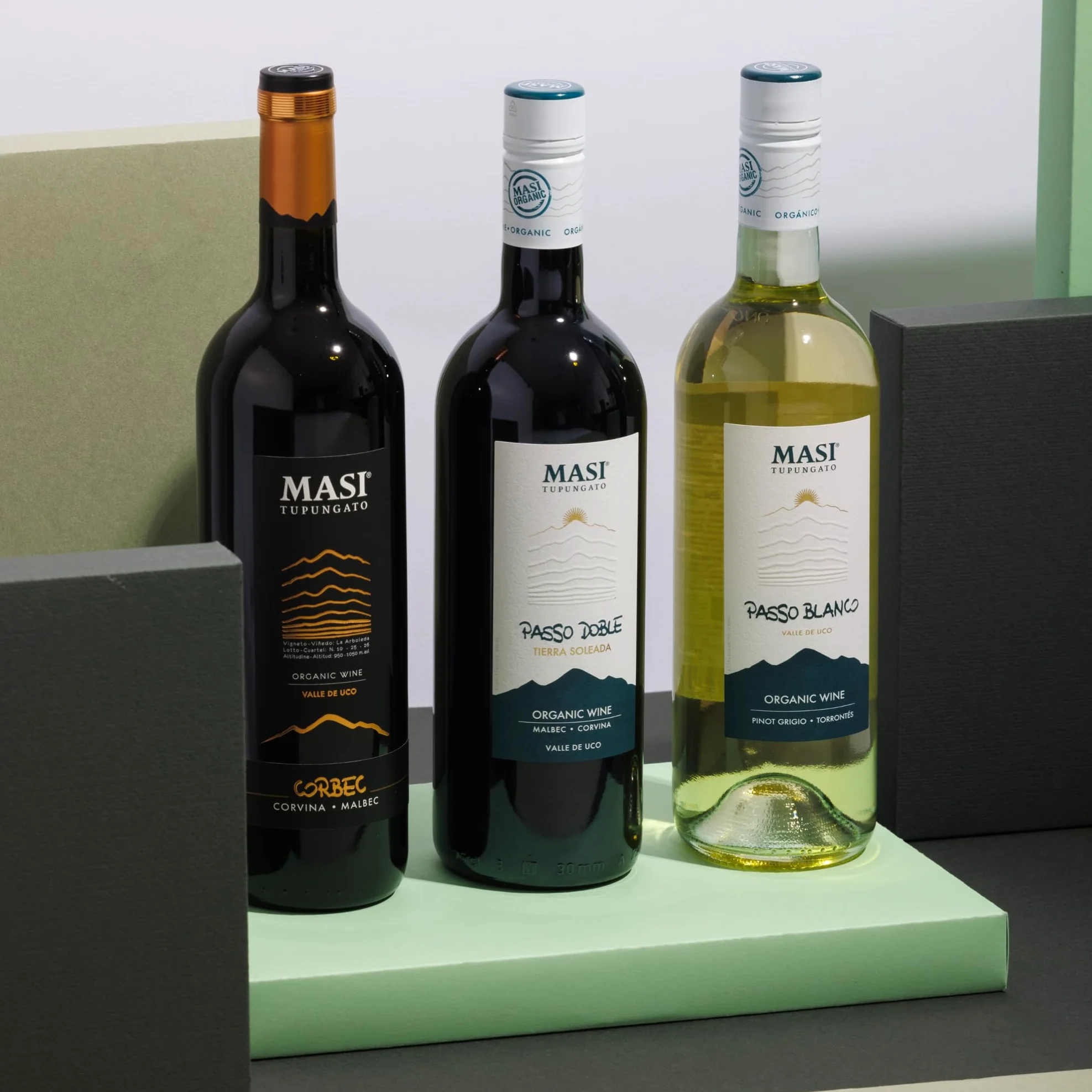 Confezione esclusiva "Masi Tupungato" | CORBEC 2019 Rosso di Argentina BIO, PASSO DOBLE 2021 Rosso di Argentina BIO, PASSO BLANCO 2023 Bianco di Argentina BIO | 3x750 ml | Confezione in legno