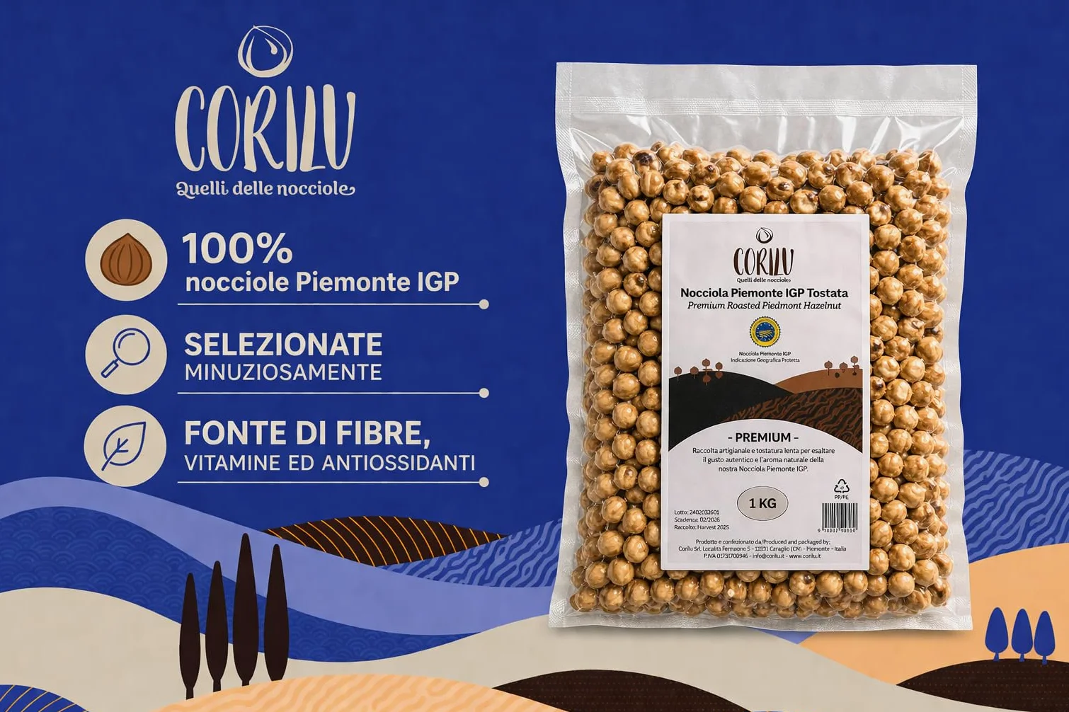 Corilu Nocciole Tostate Intere Piemonte IGP - Frutta Secca Snack Fonte di Fibre, Vitamine ed Antiossidanti - PREMIUM Nocciole Piemonte Igp Sgusciate Sacchetto Sottovuoto 1 kg