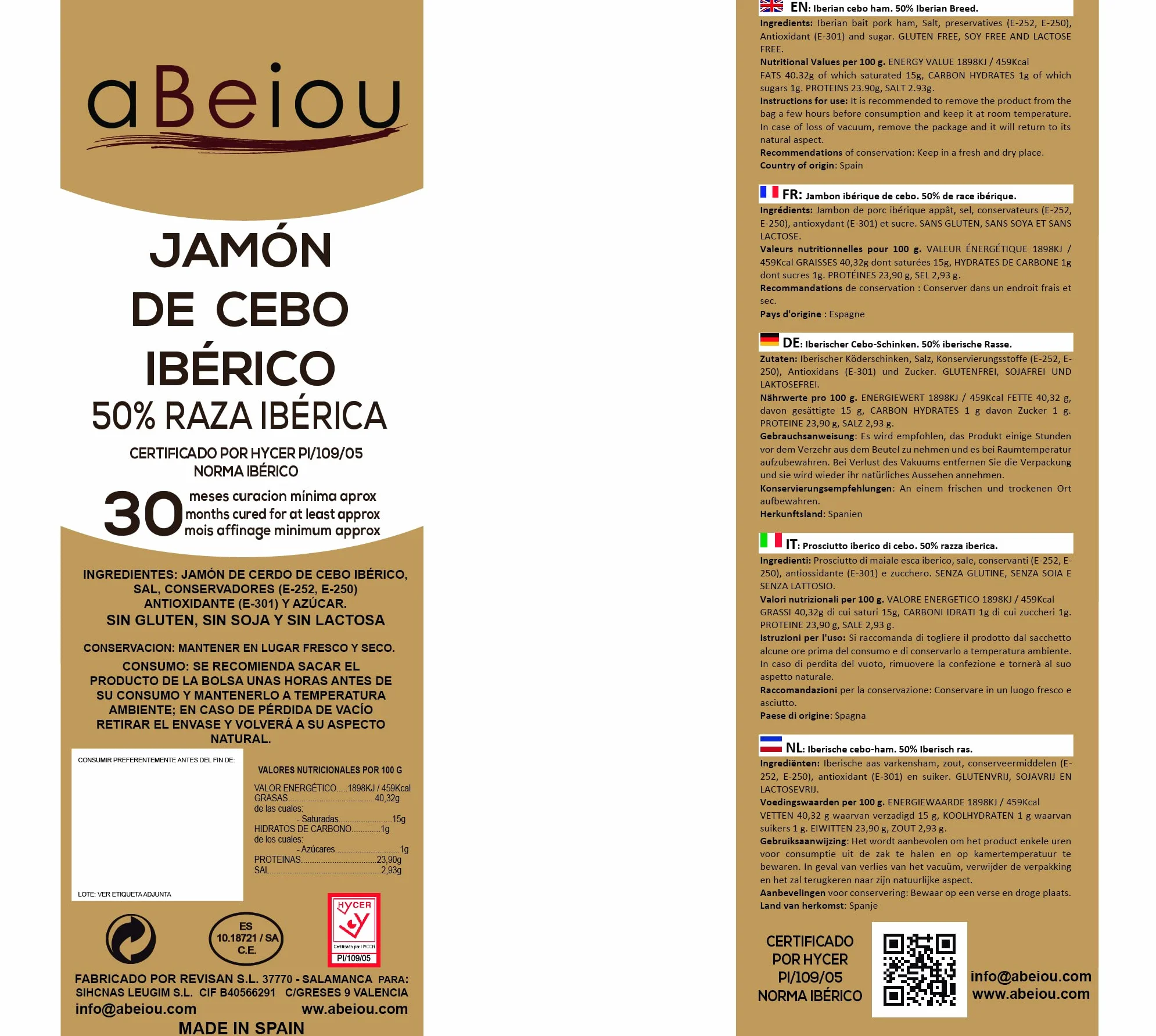 Prosciutto Iberico Crudo Tagliato a Mano 500 g (5 piatti) — Stagionatura +30 Mesi — Cert. Hycer — Guijuelo Spagnolo — Jamón Ibérico — aBeiou