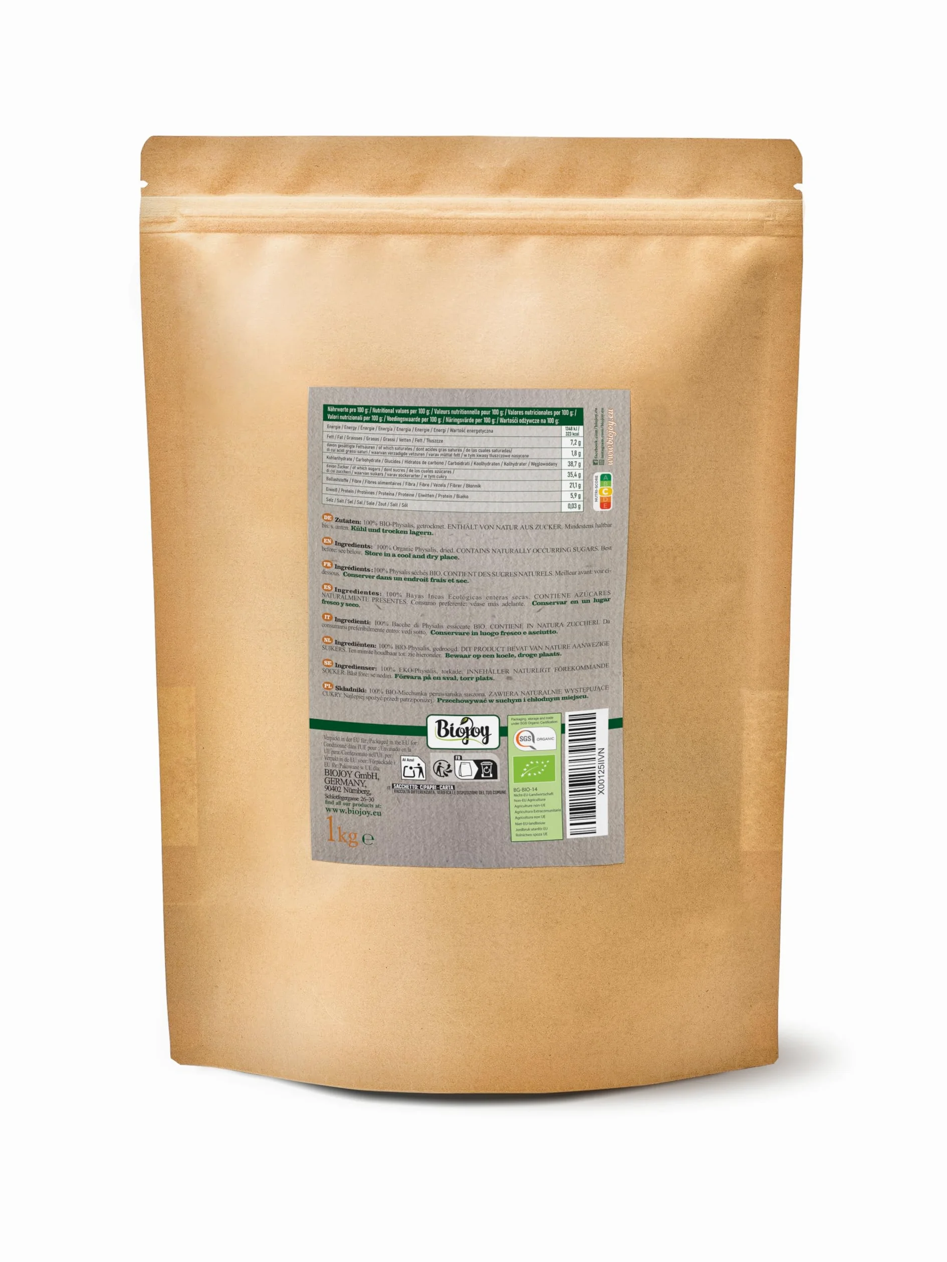 Biojoy Bacche di Inca BIO essiccate (1 kg), Physalis senza zucchero aggiuntо e senza zolfo