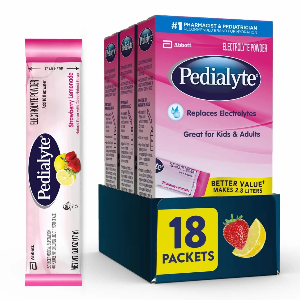 Pedialyte Large Powder Packs, Strawberry Lemonade, 18 Count