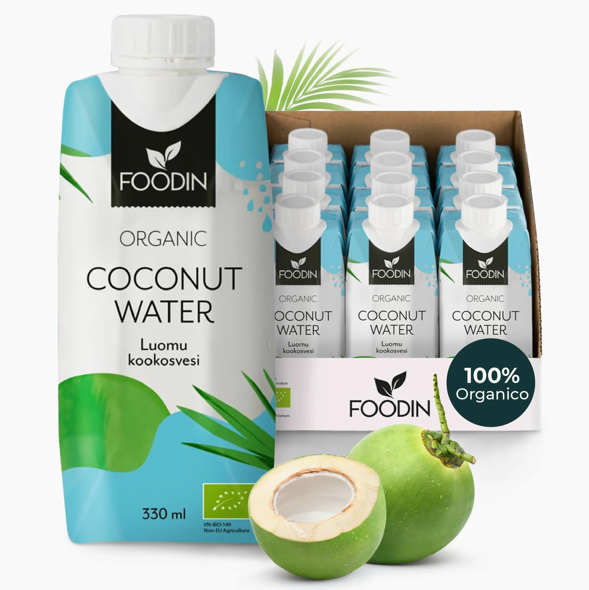 Foodin Acqua di Cocco Biologica, Naturalmente Idratante con Elettroliti, Senza Grassi, Senza Glutine, Non OGM, A Basso Contenuto Calorico - Dissetante Lenitivo - Confezione da 12 (12x330ml)