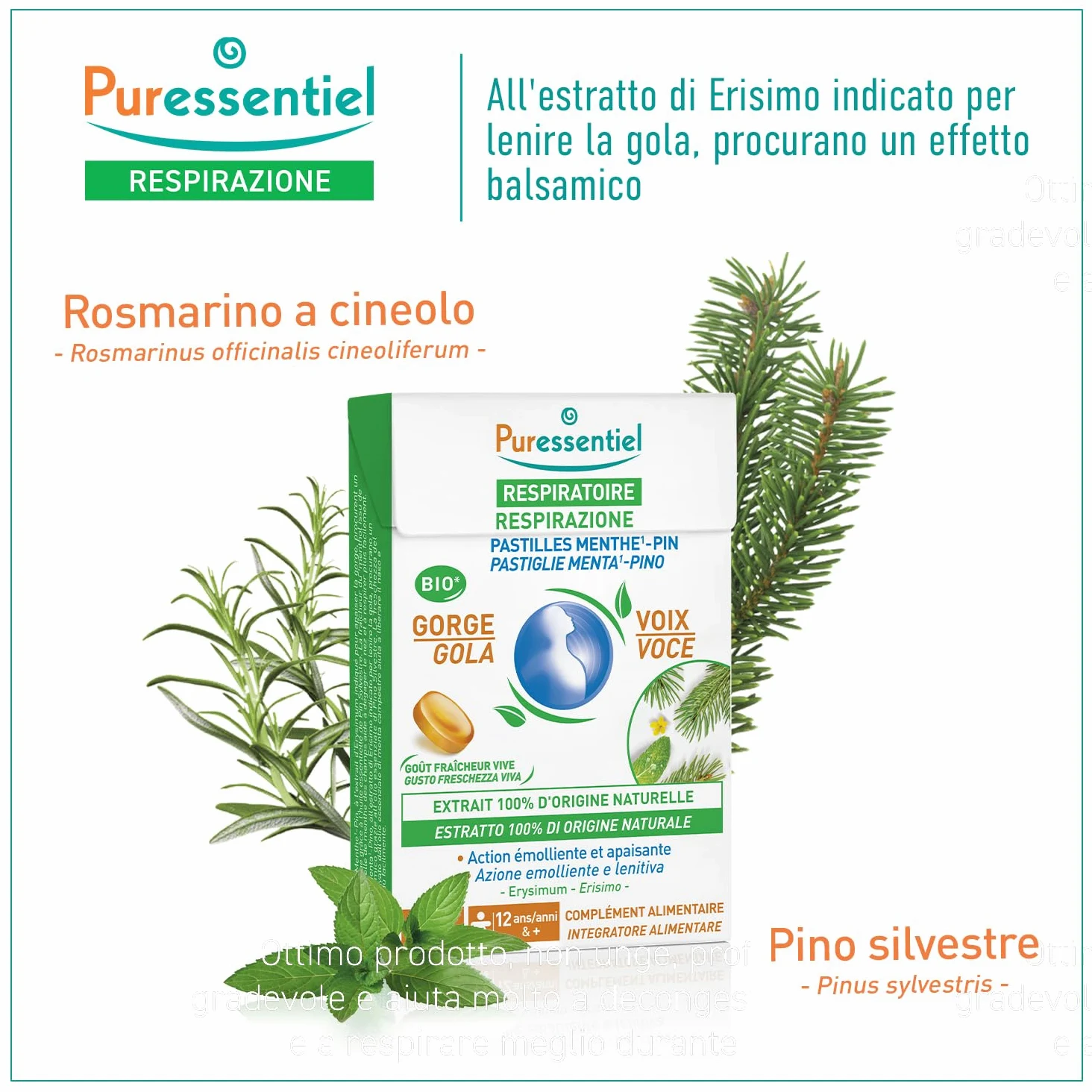 Puressentiel - Respirazione Pastiglie Gola Voce Menta Pino – All'Estratto di Erisimo – Procurano un effeto balsamico – Aiutano a liberare il naso – Dai 12 anni – 20 Pastiglie