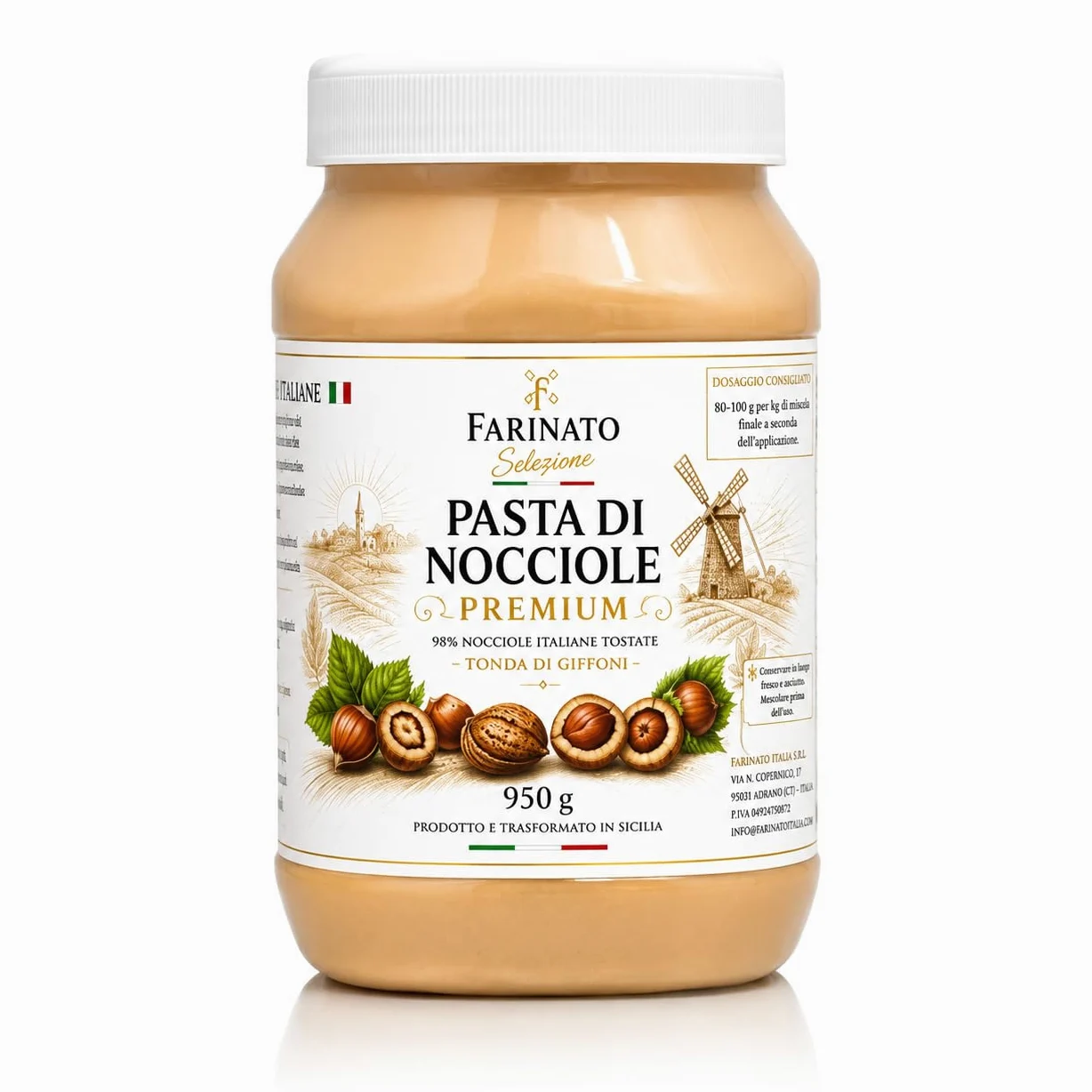 Pasta di Nocciole Premium 950g – 98% Nocciole Italiane Tostate Tonda di Giffoni – Pasta Pura per Gelato, Creme, Mousse e Pasticceria – Senza Olio di Palma – Farinato Selezione