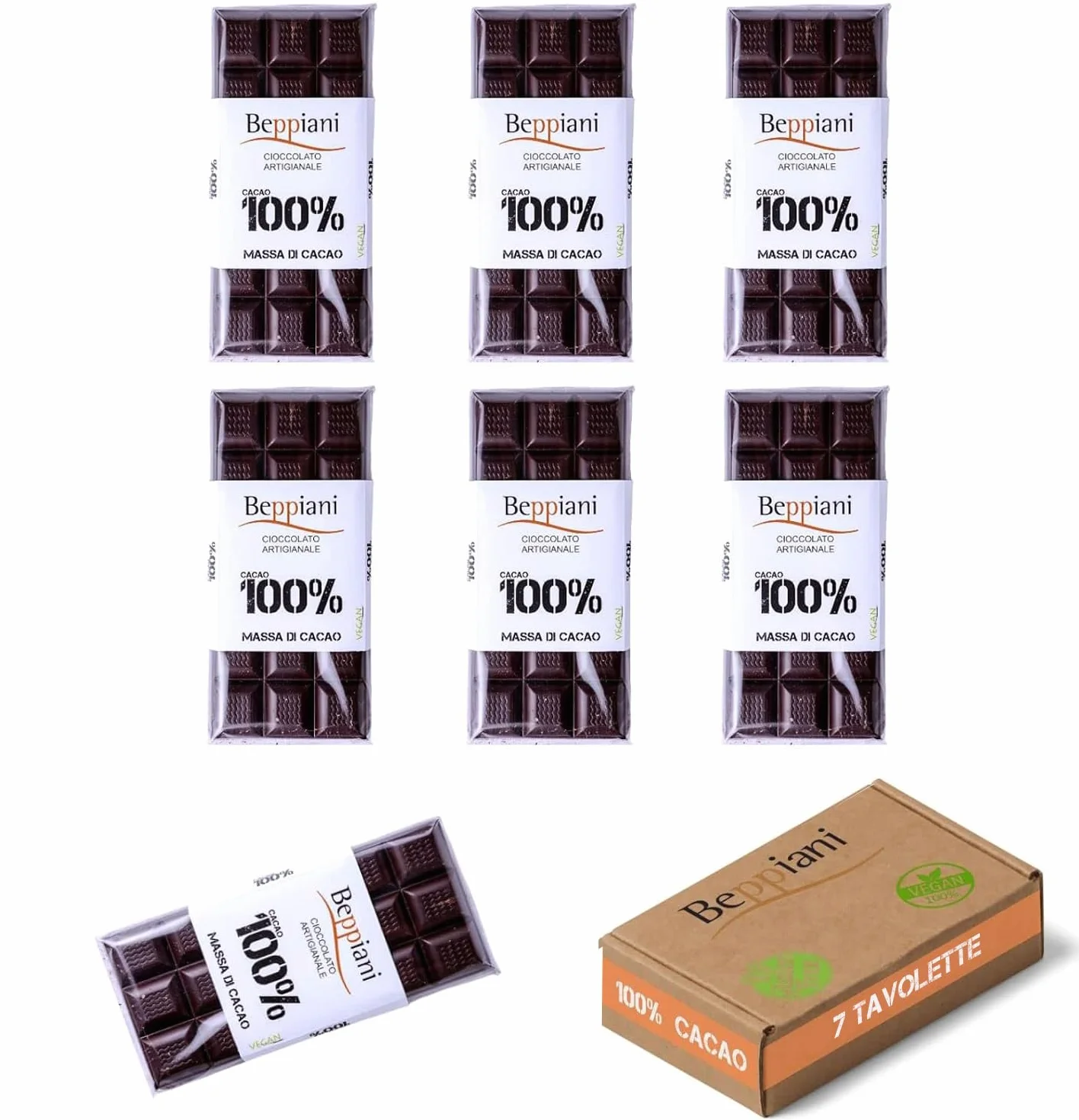 Beppiani 100% Massa di Cacao, Cioccolato Artigianale, vegana, senza zucchero, ricca di antiossidanti, per diete bilanciate – Made in Italy set (7 Tav. Classica)