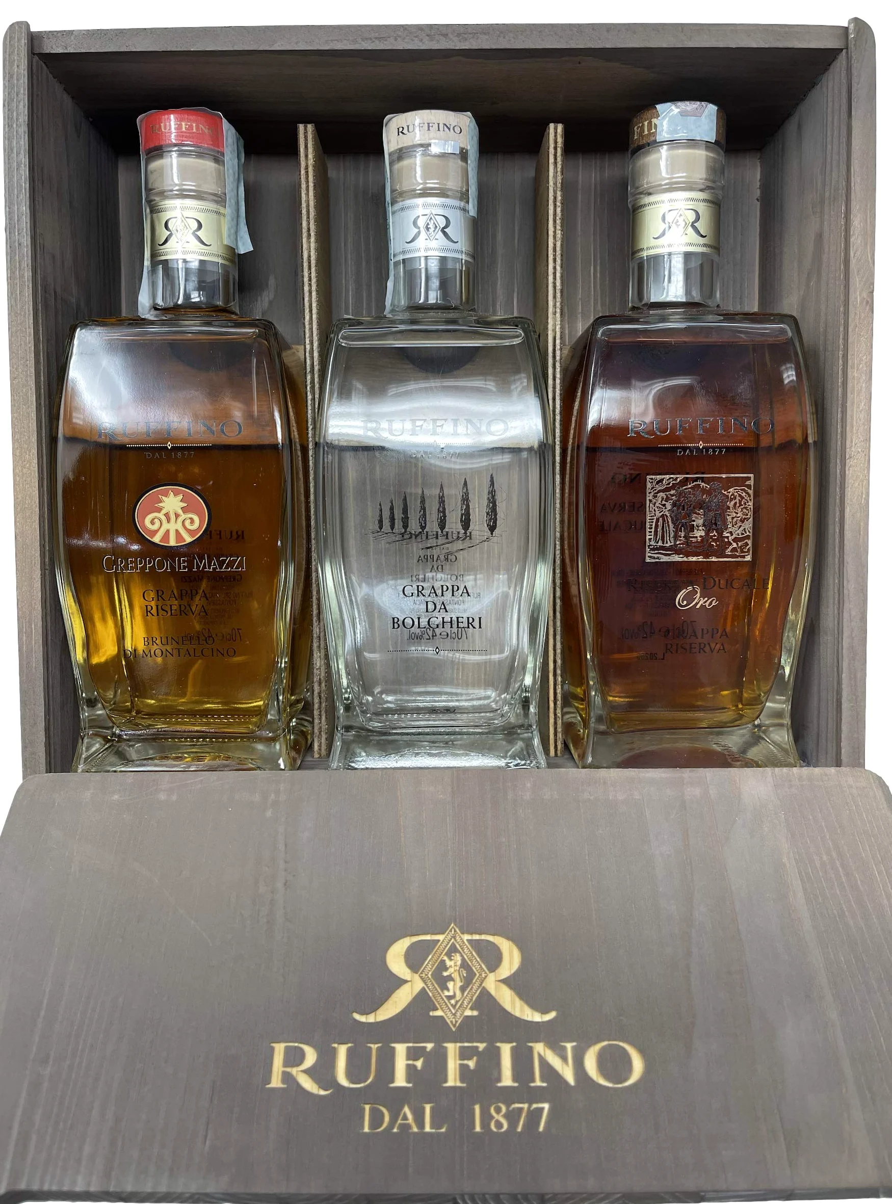 Cassetta in legno Luxury -Ruffino- Selezione 3 Grappe, Grappa Riserva Brunello di Montalcino + Grappa da Bolgheri + Riserva Ducale Oro 70 cl 42%