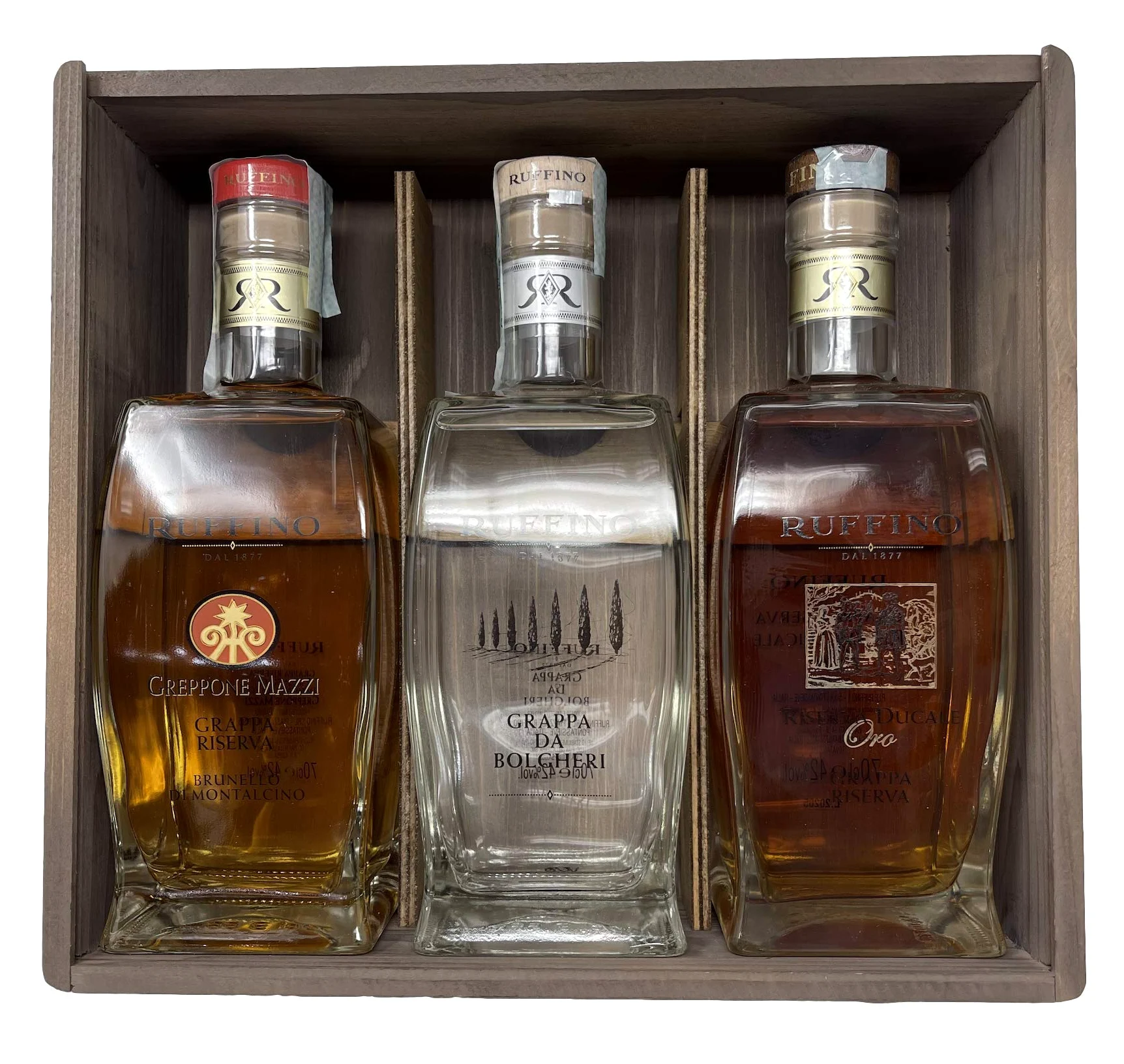 Cassetta in legno Luxury -Ruffino- Selezione 3 Grappe, Grappa Riserva Brunello di Montalcino + Grappa da Bolgheri + Riserva Ducale Oro 70 cl 42%