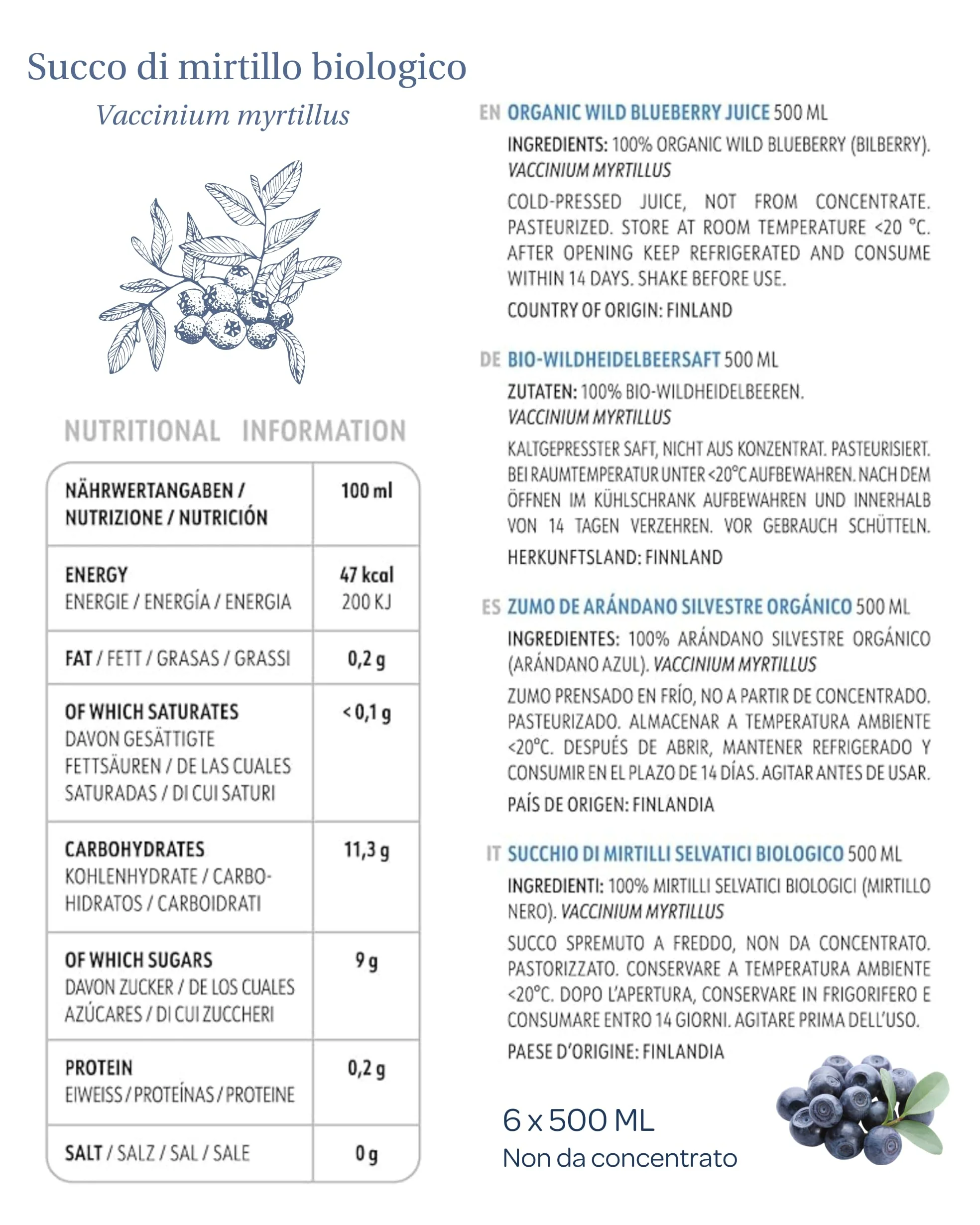 Succo di mirtillo selvatico biologico LOOV – 100% puro, non da concentrato, spremuto a freddo da bacche nordiche raccolte in natura, senza acqua né zuccheri aggiunti – 6 x 500 ml