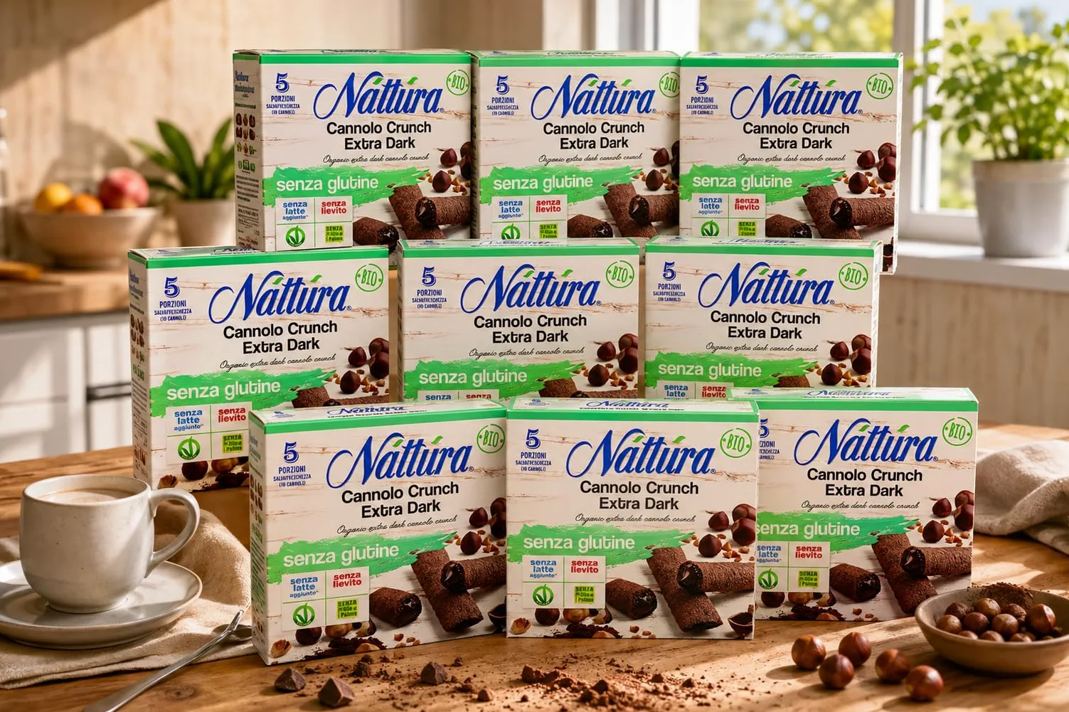Cannoli Crunch Extra Dark Senza Glutine Bio, 9 Confezioni da 10 Cannoli, 5 Porzioni Salvafreschezza, Snack al Cioccolato, Senza Latte Aggiunto, Lievito e Olio di Palma