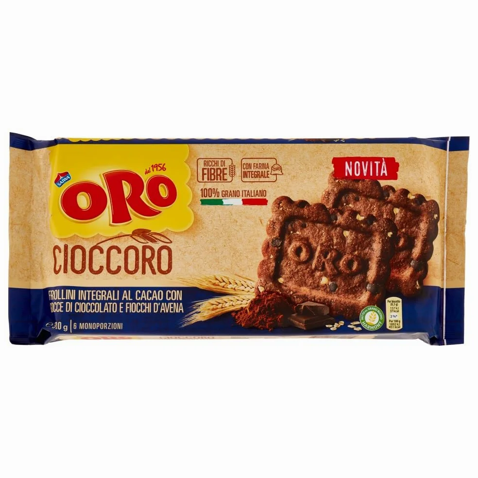 6X Oro Saiwa Cioccoro Biscotti Frollini Integrali al Cacao con Gocce di Cioccolato e Fiocchi d'Avena 300g [6 Confezioni]