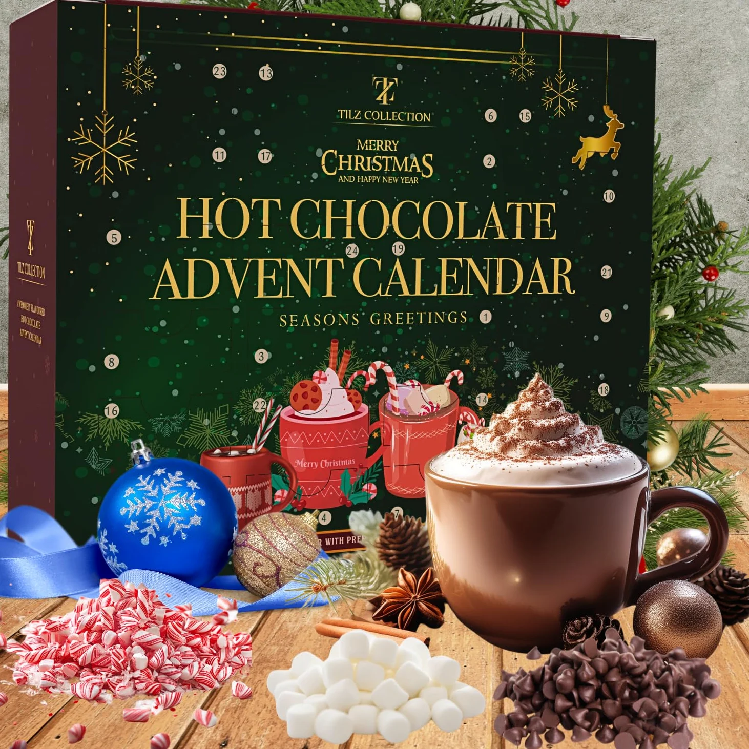 Calendario dell'Avvento 2023 | Set Regalo di Cioccolata Calda di 24 Giorni con Mini Marshmallow - Varietà di Natale