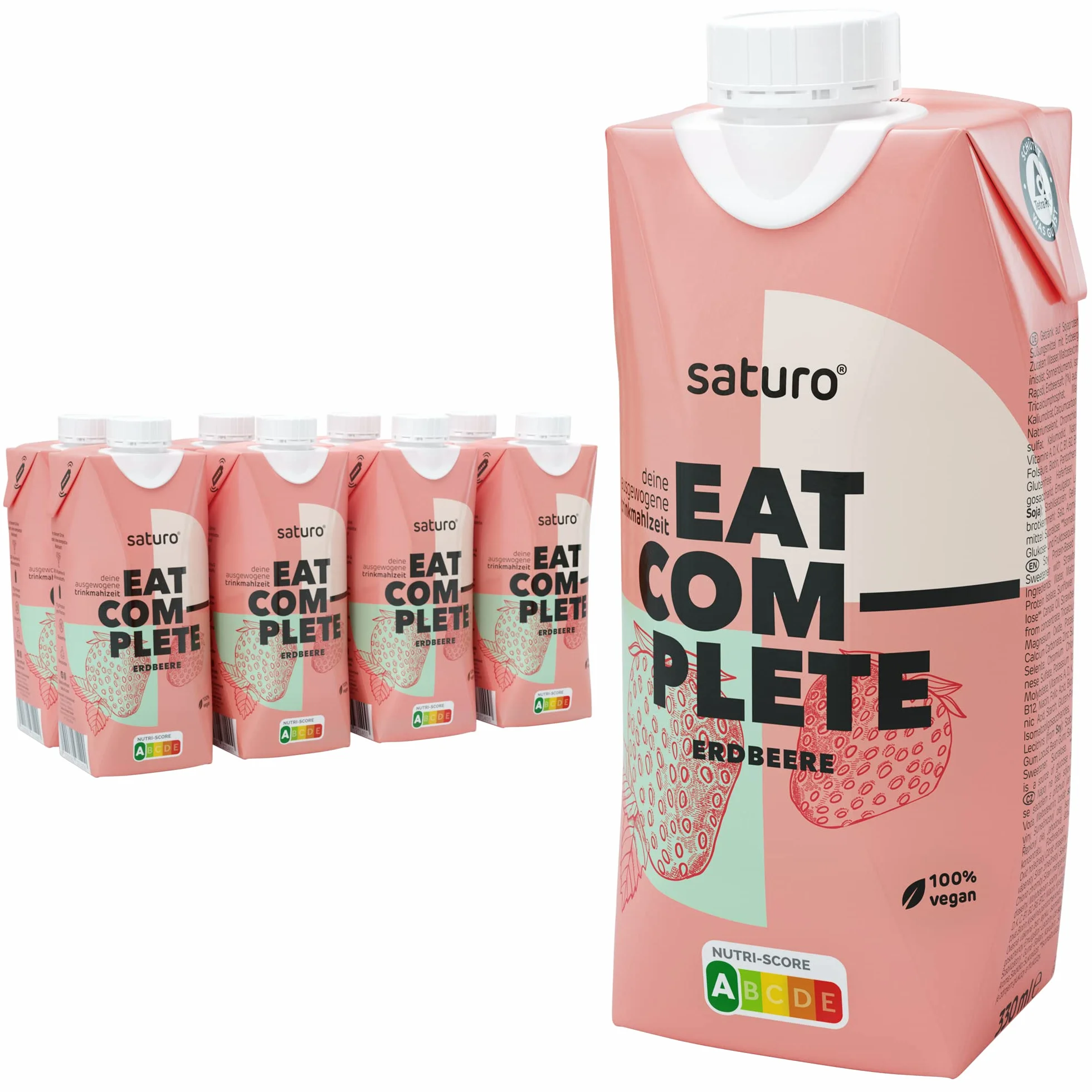 Saturo Pasto Sostitutivo Frullato Gusto Strawberry | 36 g di proteine & senza zucchero | 400 kcal | Vegano | Pasto Bevibile con Nutrienti Essenziali | Fragola | 6 x 400 ml