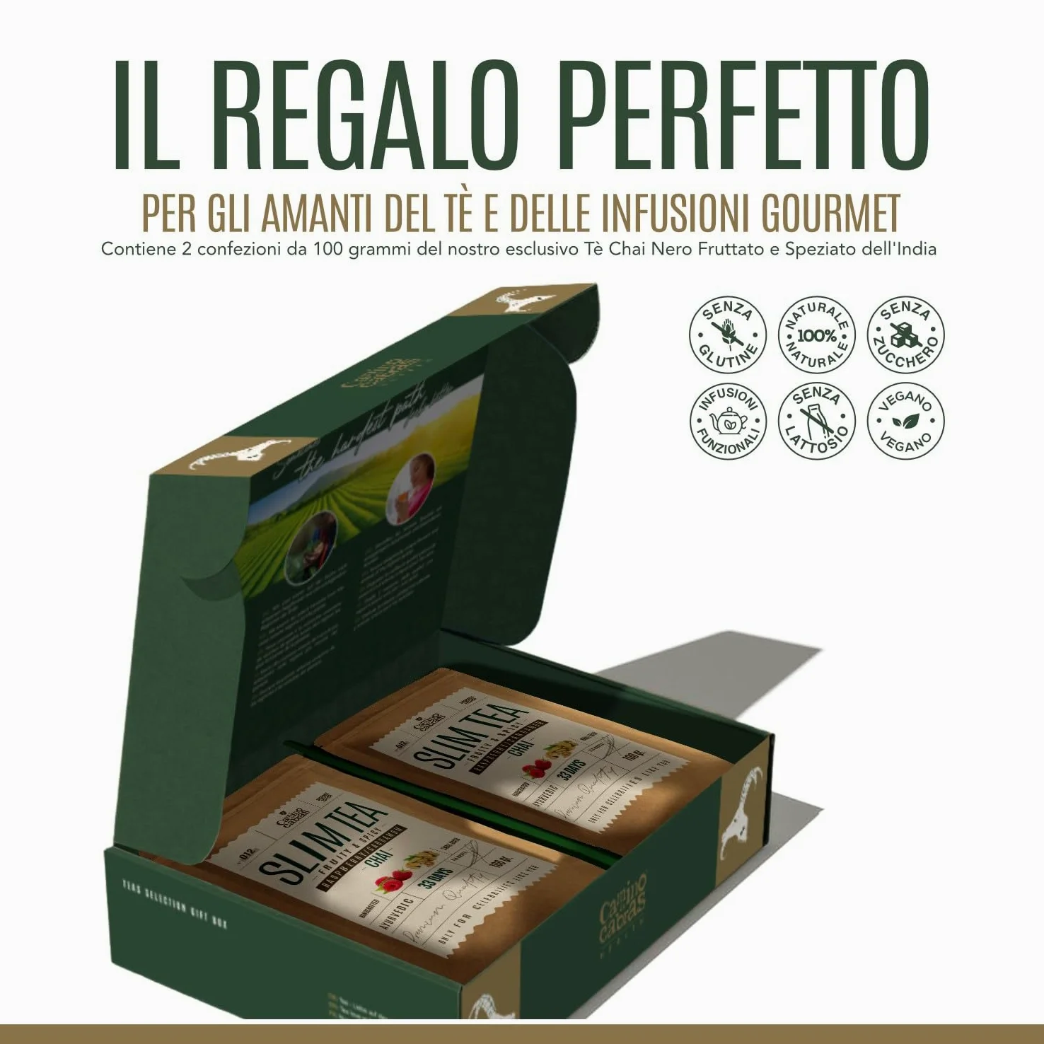 Tisane Confezione Regalo - Te Chai Masala Speziato - Energizzante, Detox - Tè Nero, Curcuma, Zenzero, Pepe Nero, Cannella, Lamponi, Cardamomo - Box 2x 100g - Perfetto per Chai Latte