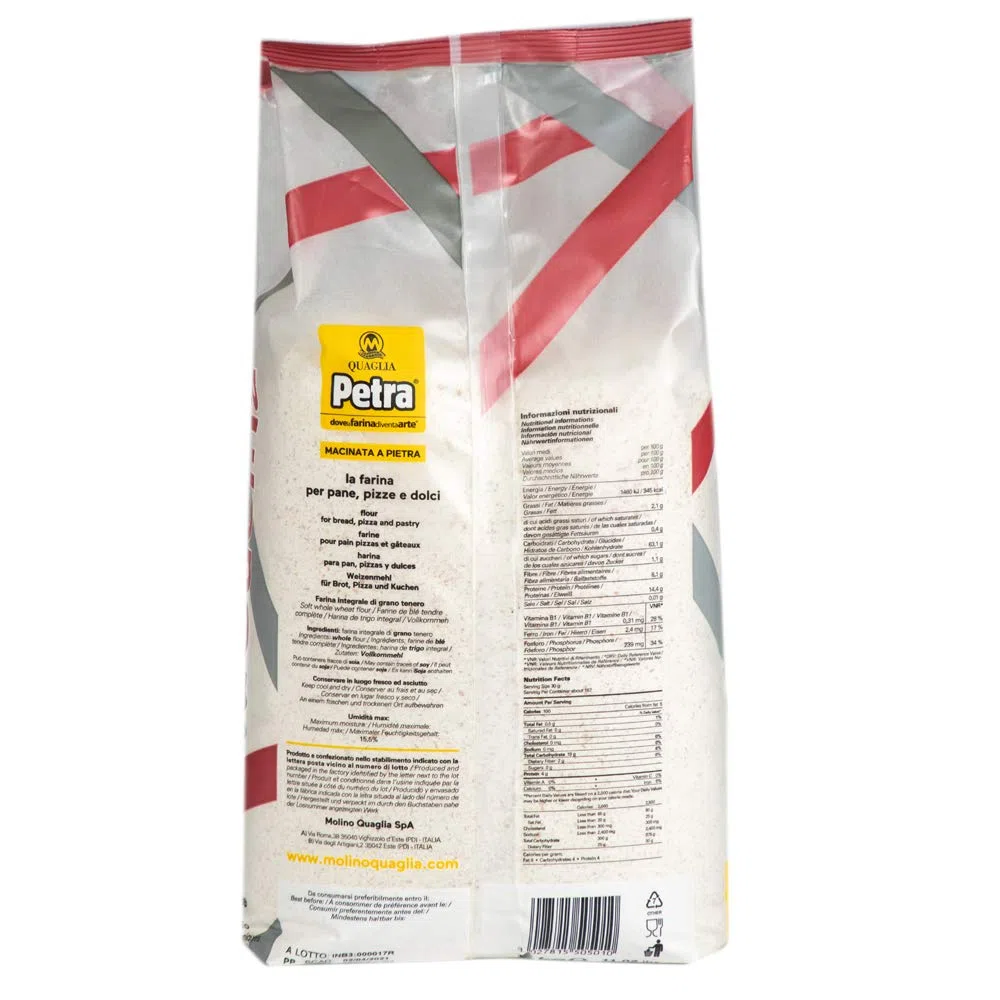 Petra n. 9 - Farina integrale di grano tenero, per pane, dolci lievitati, pasta fresca, frolla, pan di spagna, masse montate, pizza. Pacco da 5kg