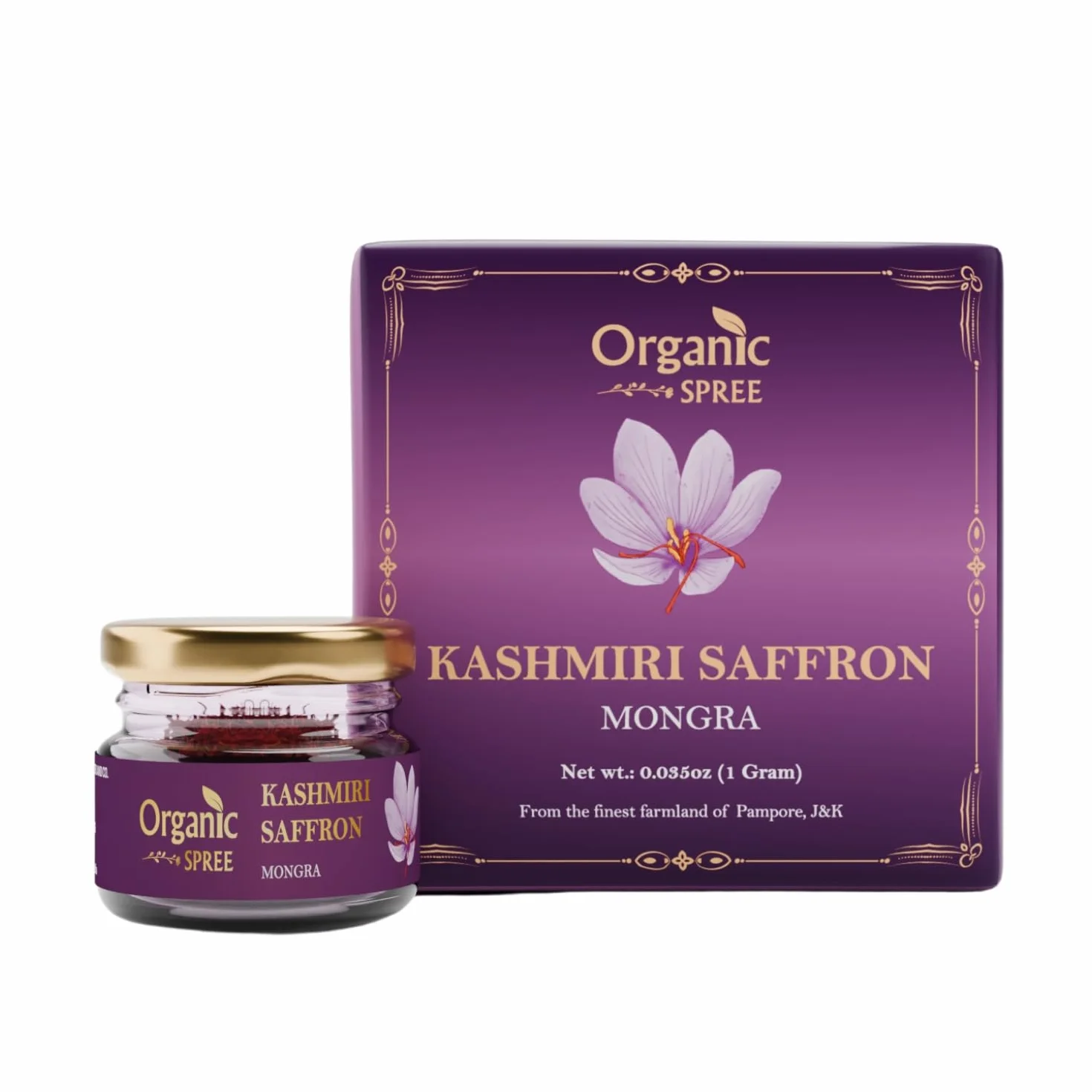 Zafferano Kesar Saffron del Kashmir biologico Spree 1 g (0,035 once) in fili puri e naturali l Dai migliori terreni agricoli di Pampore, zafferano Mongra certificato J&K di grado A+