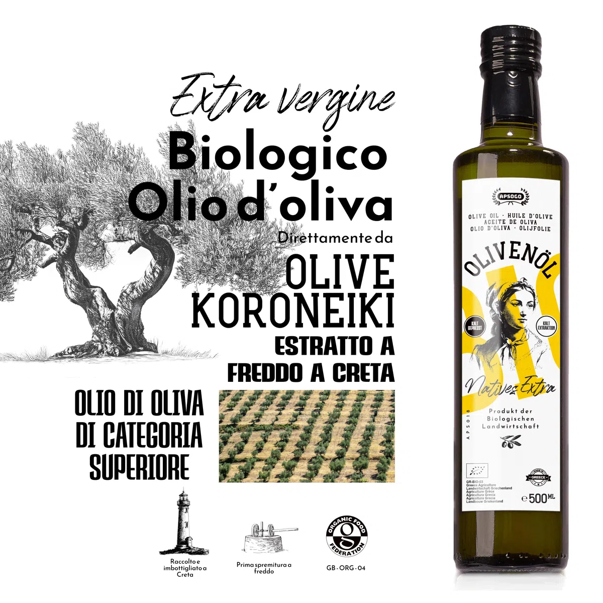 Apsogo Olio Extra Vergine di Oliva Biologico – EVOO Greco ad Alto Contenuto di Polifenoli da Creta (500ml) – Spremuto a Freddo, Raccolta Precoce, Qualità Premium