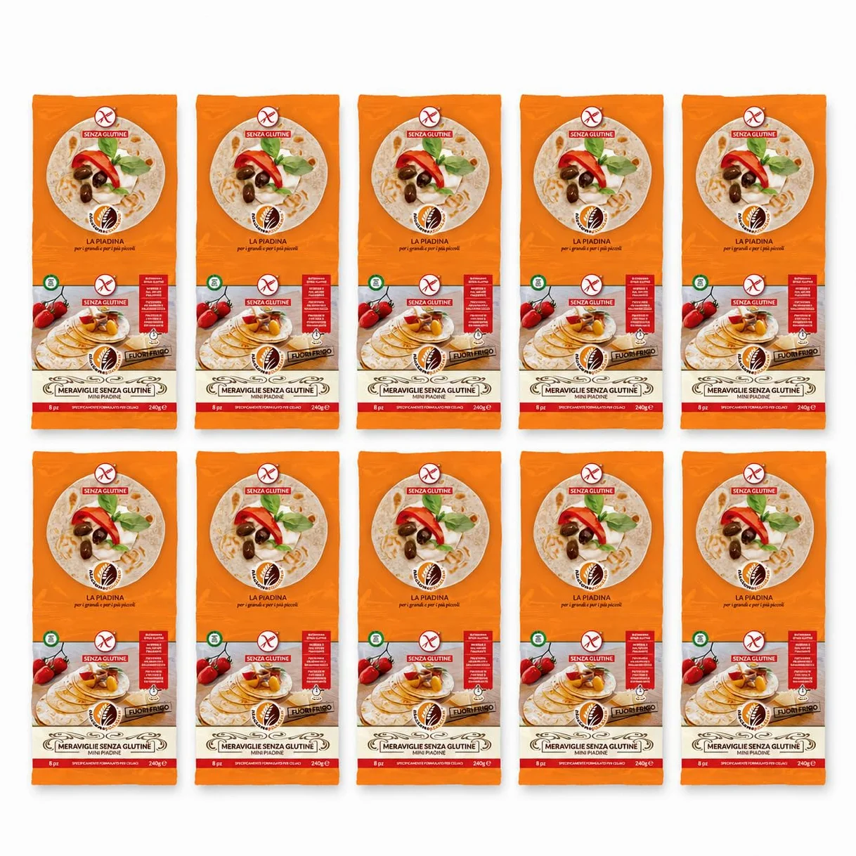 Riccione Piadina Le Meraviglie Senza Glutine Mini Piadine Fuori Frigo - 10 Confezioni da 8 Mini (240 g) - Vegane, con Olio Extravergine, Marchio Spiga Barrata AIC