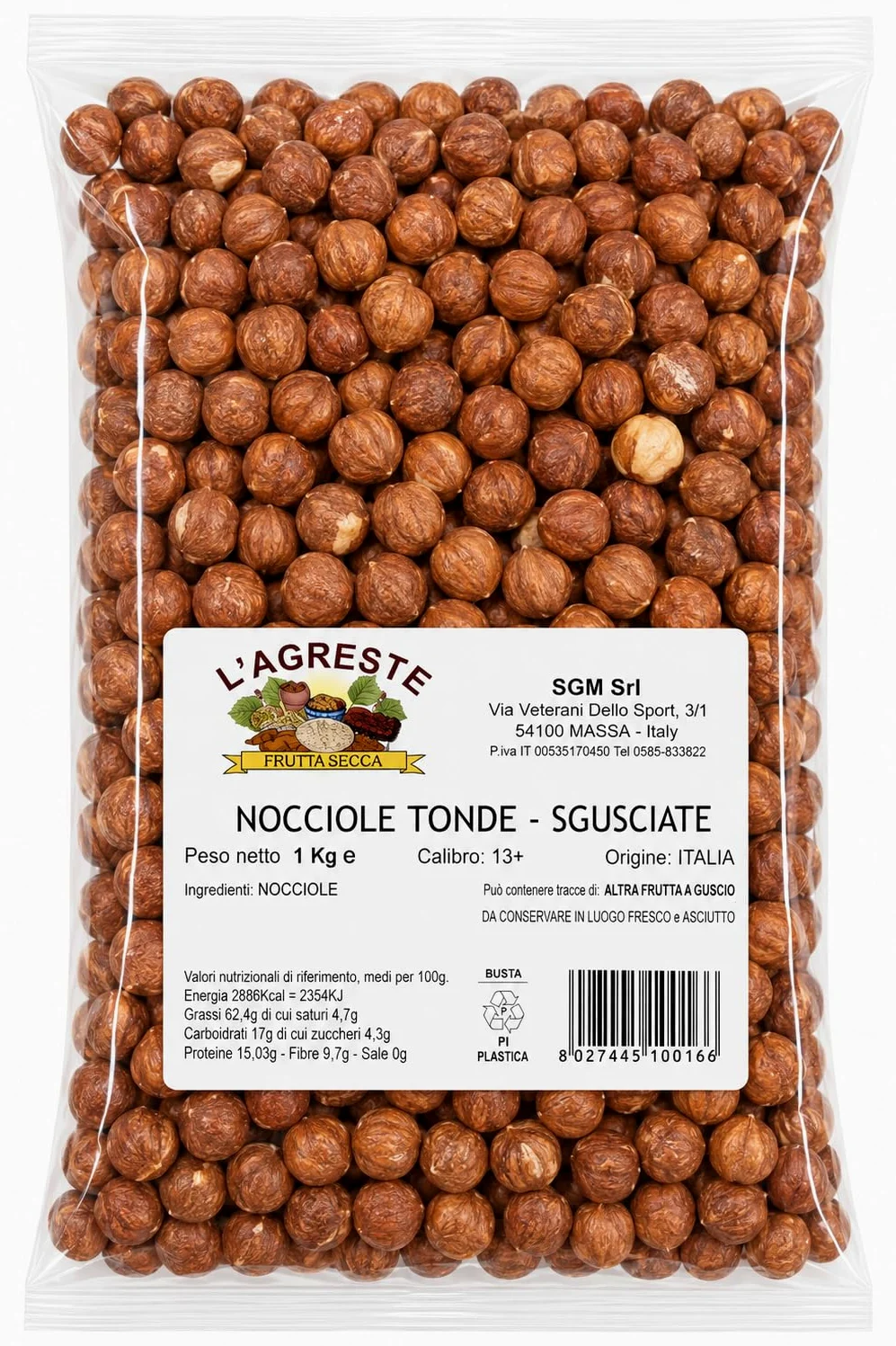 L'AGRESTE - NOCCIOLE SGUSCIATE - Origine ITALIA - ALTA QUALITA' - Confezione da 1 Kg sottovuoto