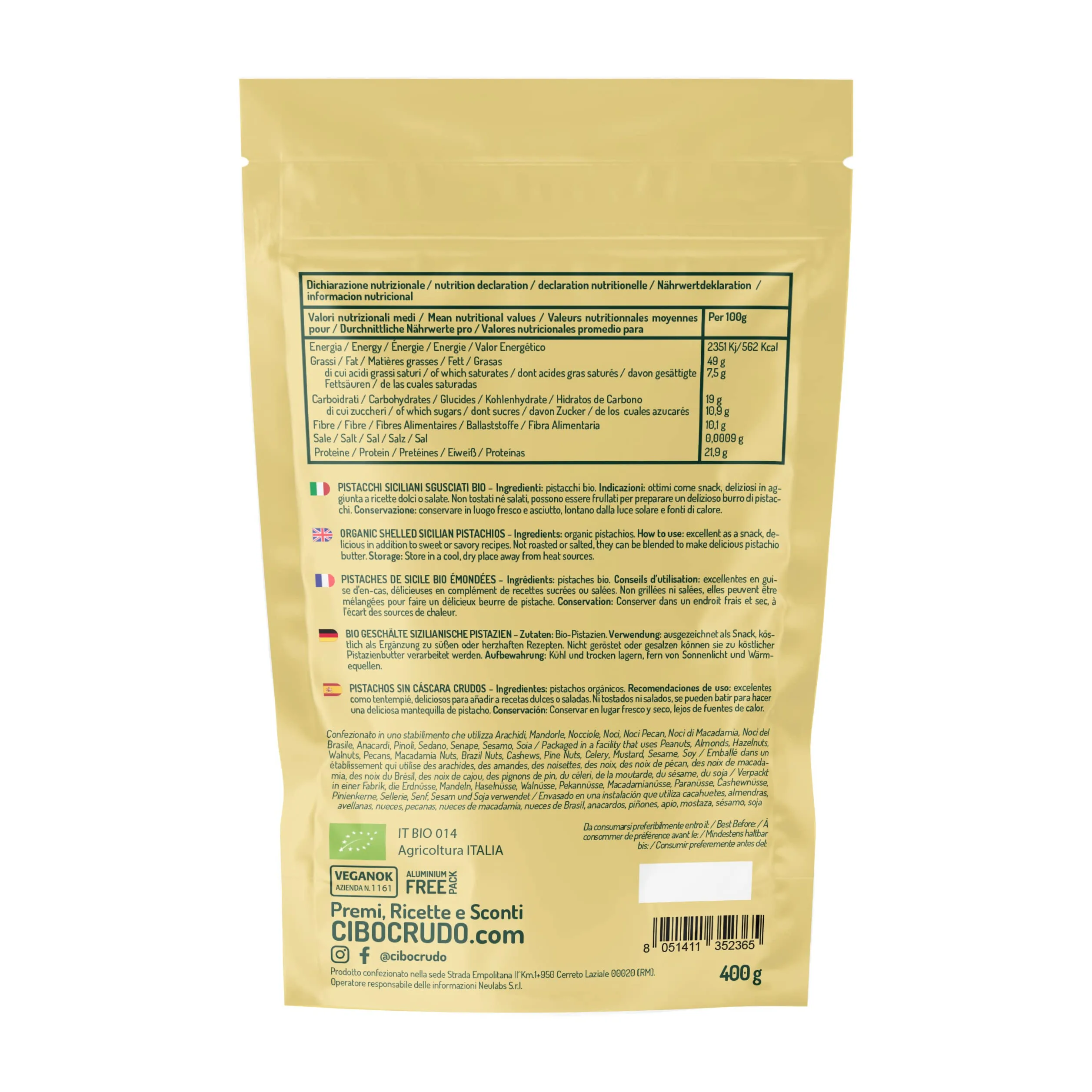 Pistacchi Sgusciati non Salati Biologici - 400g. Pistacchi Siciliani al Naturale non Tostati. Fonte di Acidi Grassi Fibre Vitamina E B1 B6 e Antiossidanti.