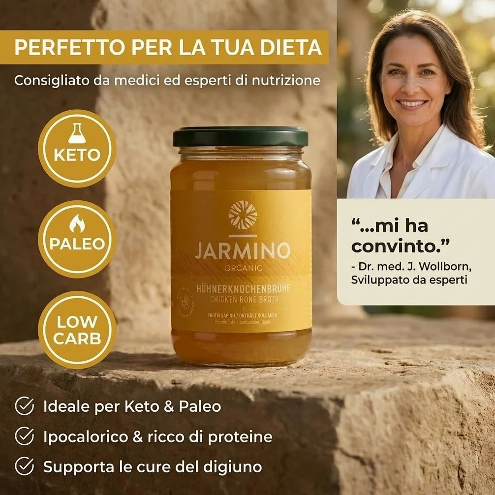 JARMINO brodo biologico di ossa di pollo (6 x 350 ml) | acido ialuronico, collagene e proteina naturale | bone broth | bevanda salutare o come base per zuppe e salse