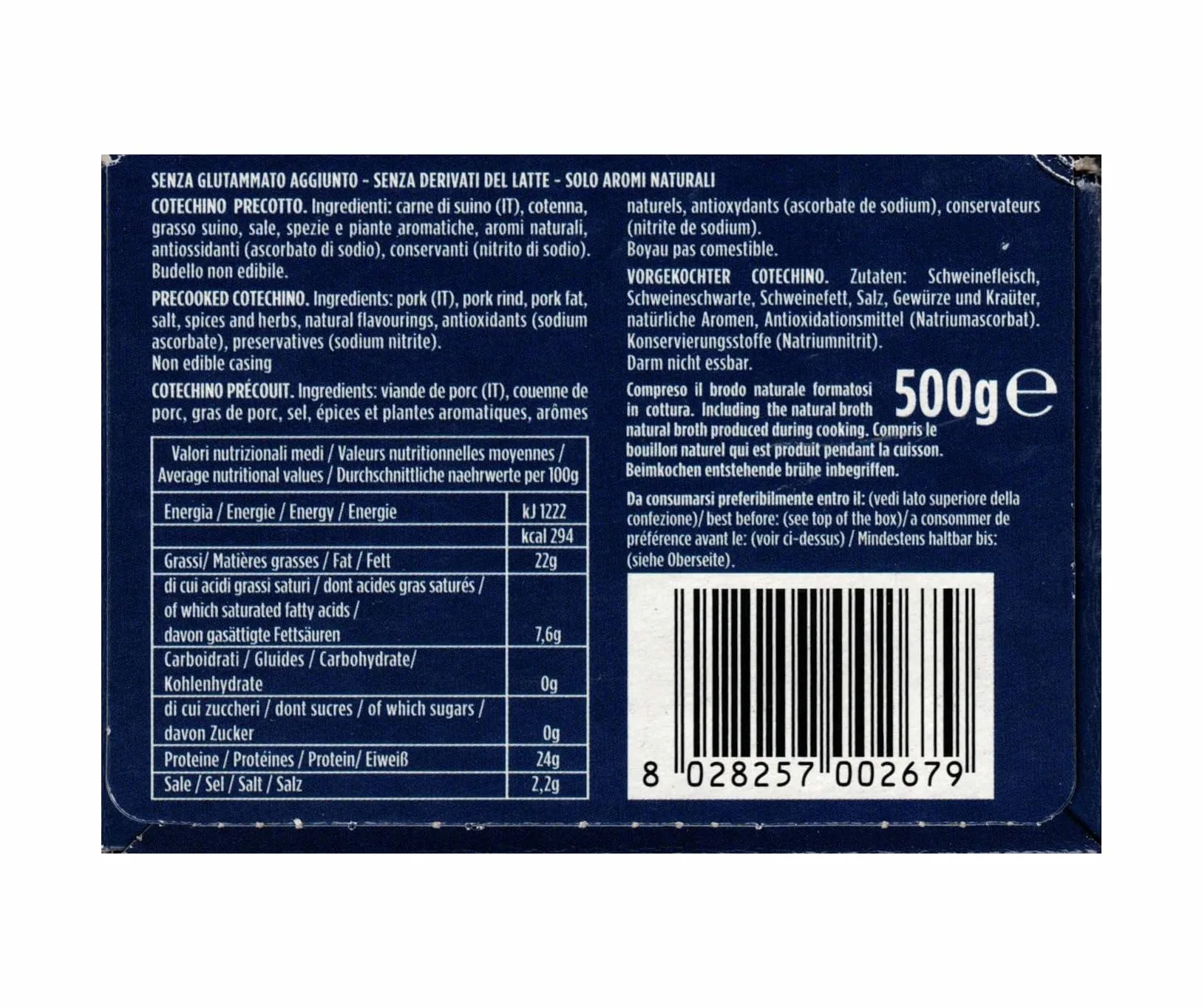 3X Fini Cotechino Precotto 100% Italiano Senza Glutine (Gluten Free) 500g