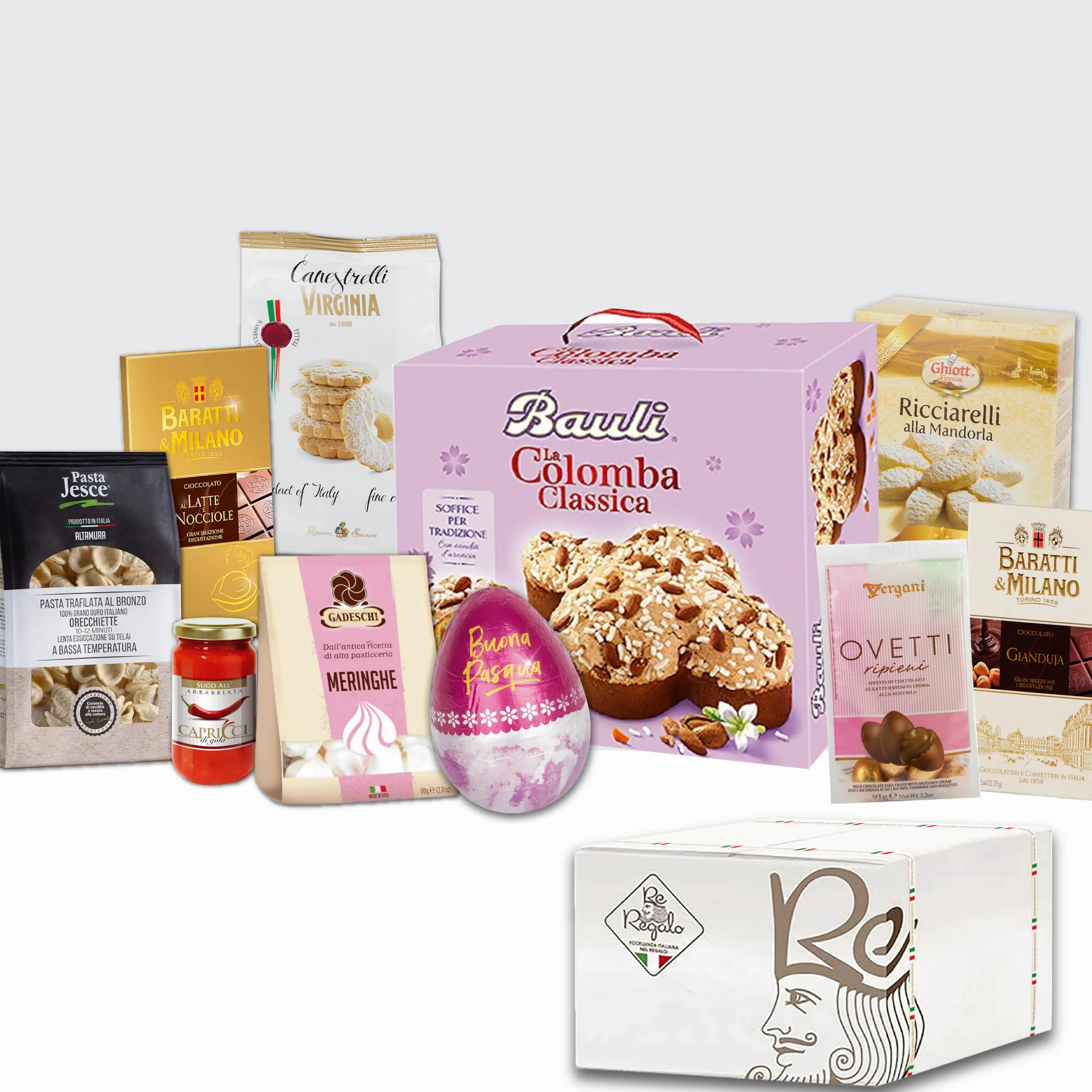 Re Regalo Confezione Regalo Dolce Pasqua 2026, 10 Pezzi con Colomba Bauli 500g, Uovo Del Conte 150g, Cioccolato Baratti & Milano, Ricciarelli, Pasta Jesce 500g e Sugo Arrabbiata, Idea Regalo Cesto