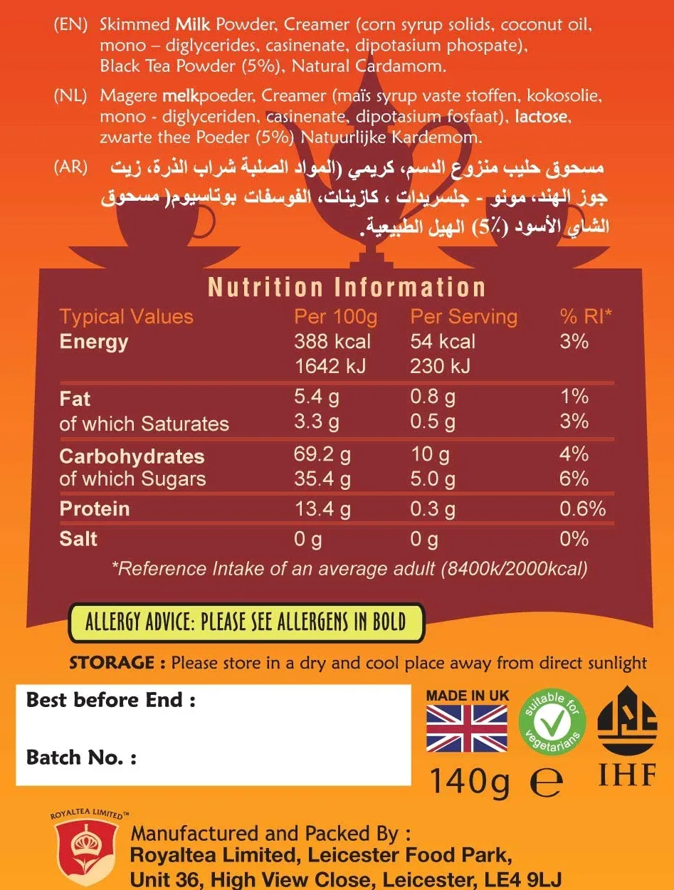 Royal Chai Karak Chai zuccherato 200g (confezione da 4) - Tè istantaneo Premium - Karak Tea - Naturale - Tè indiano Karak istantaneo