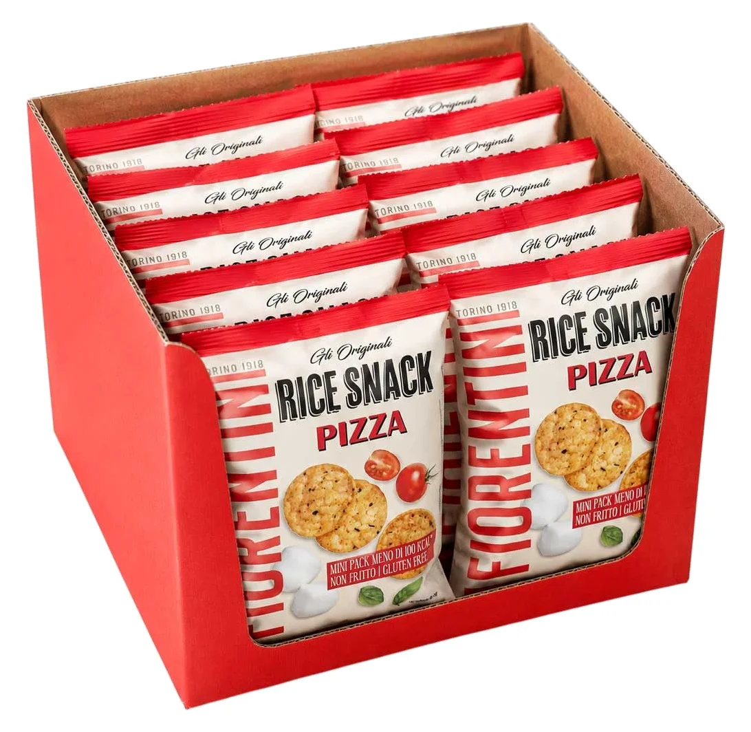 Rice Snack Pizza Mini Pack 20g per Fiorentini, Box con 12 Confezioni da 20g, Snack di Riso Croccanti Gusto Pizza, Senza Glutine, Non Fritti, Monoporzione per Aperitivo e Pausa Snack
