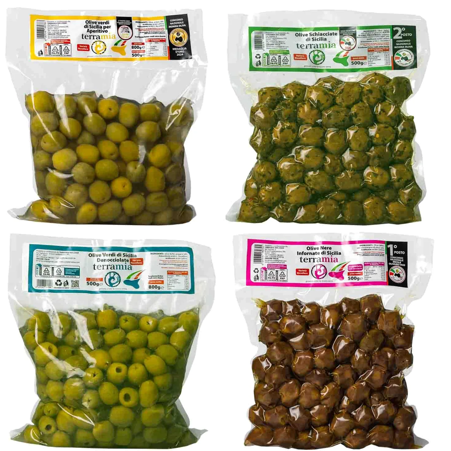Terramia Olive Verdi Dolci di Sicilia "Nocellara" Denocciolate in Salamoia – Prodotto Artigianale da Azienda Premiata Ercole Olivario e Monna Oliva, Formato Scorta 2kg (4 B