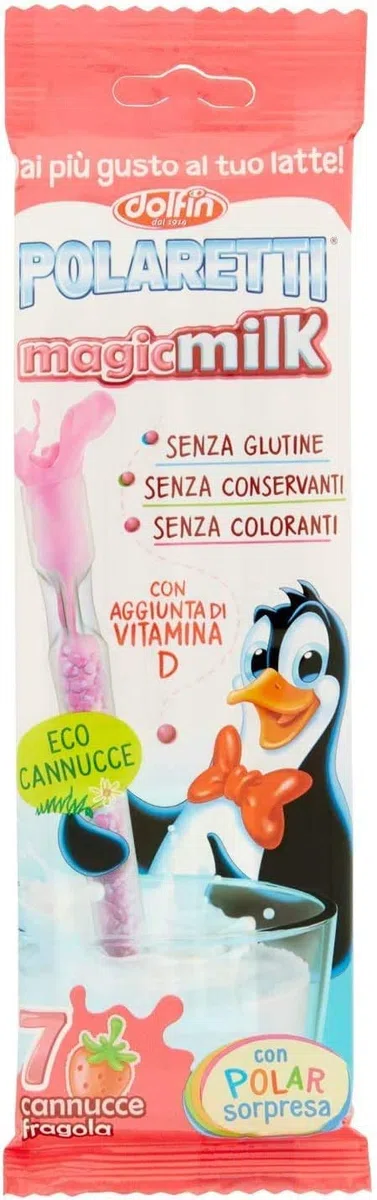 Cannuccia Polaretti Magic Milk Colazione Bambini Microsfere al Gusto di Fragola Dolfin - 6x7 pezzi -