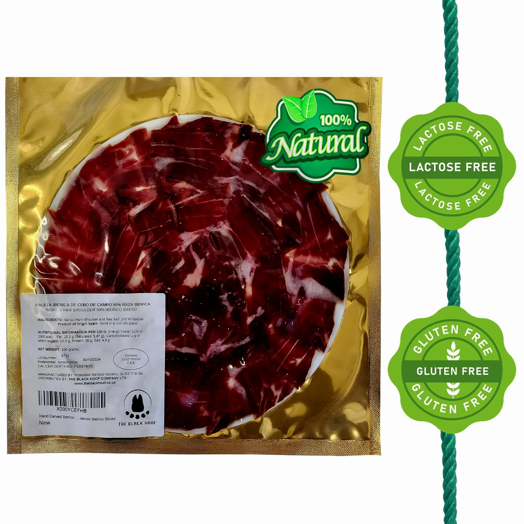 Prosciutto Iberico Pata Negra Affettato a Mano (Spalla) 100% Naturale - 100 grammi Jamon Iberico Stagionato 18-24 Mesi con Processo di Stagionatura Naturale al 100%