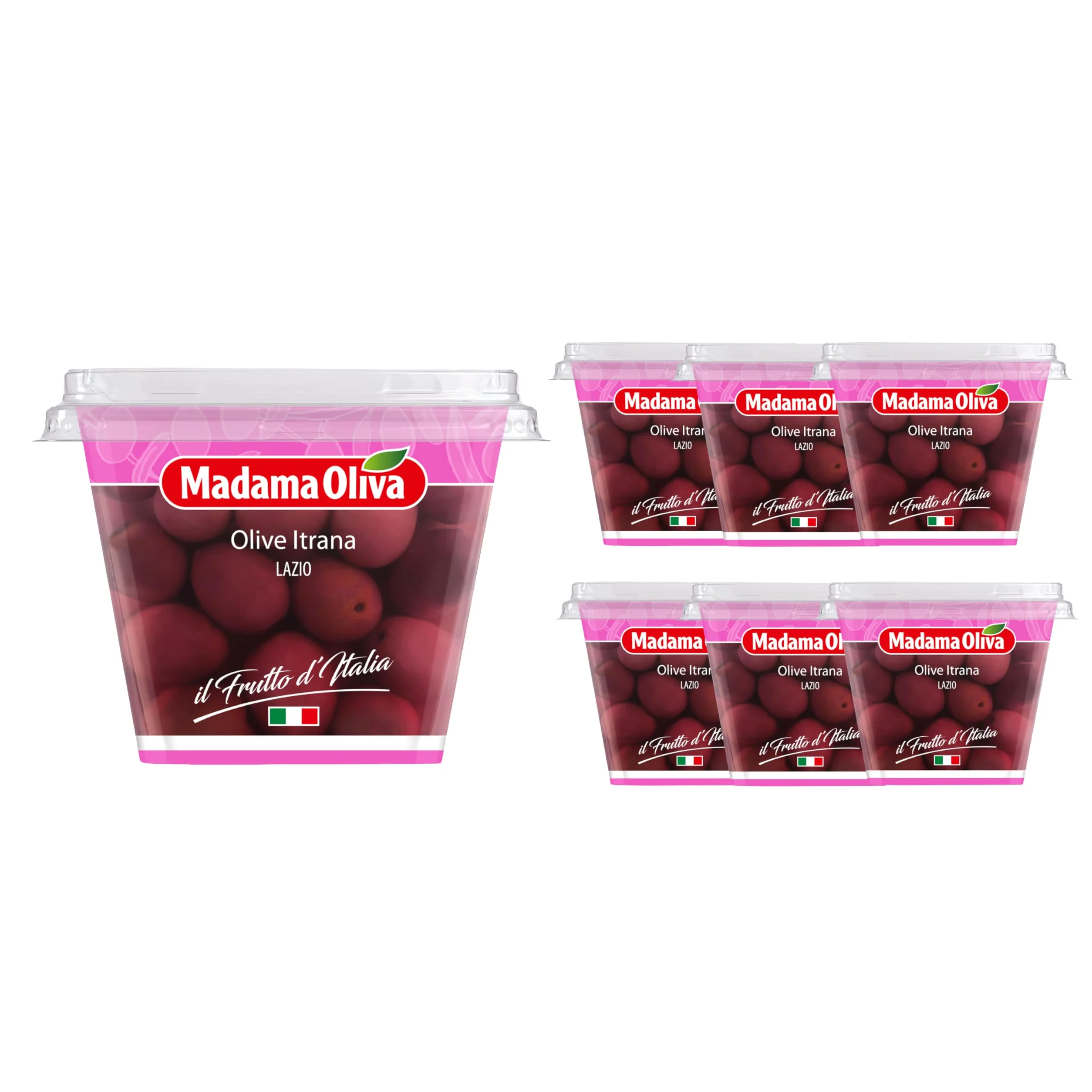 MADAMA OLIVA, Olive Itrana dal Colore Nero Rosato e dal Sapore Tipico, Ideale da Utilizzare nei Sughi, Cani Bianche e di Cacciagione, 100% Made in Italy, 8 x 170 gr