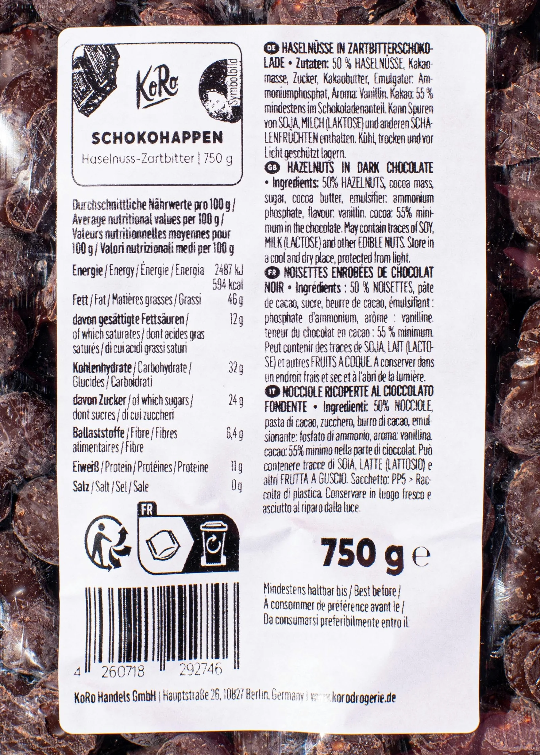 KoRo - Bocconcini di cioccolato fondente e nocciole 750 g - Da gustare come snack o da regalare – Vegetariano – Confezione risparmio da 750 g