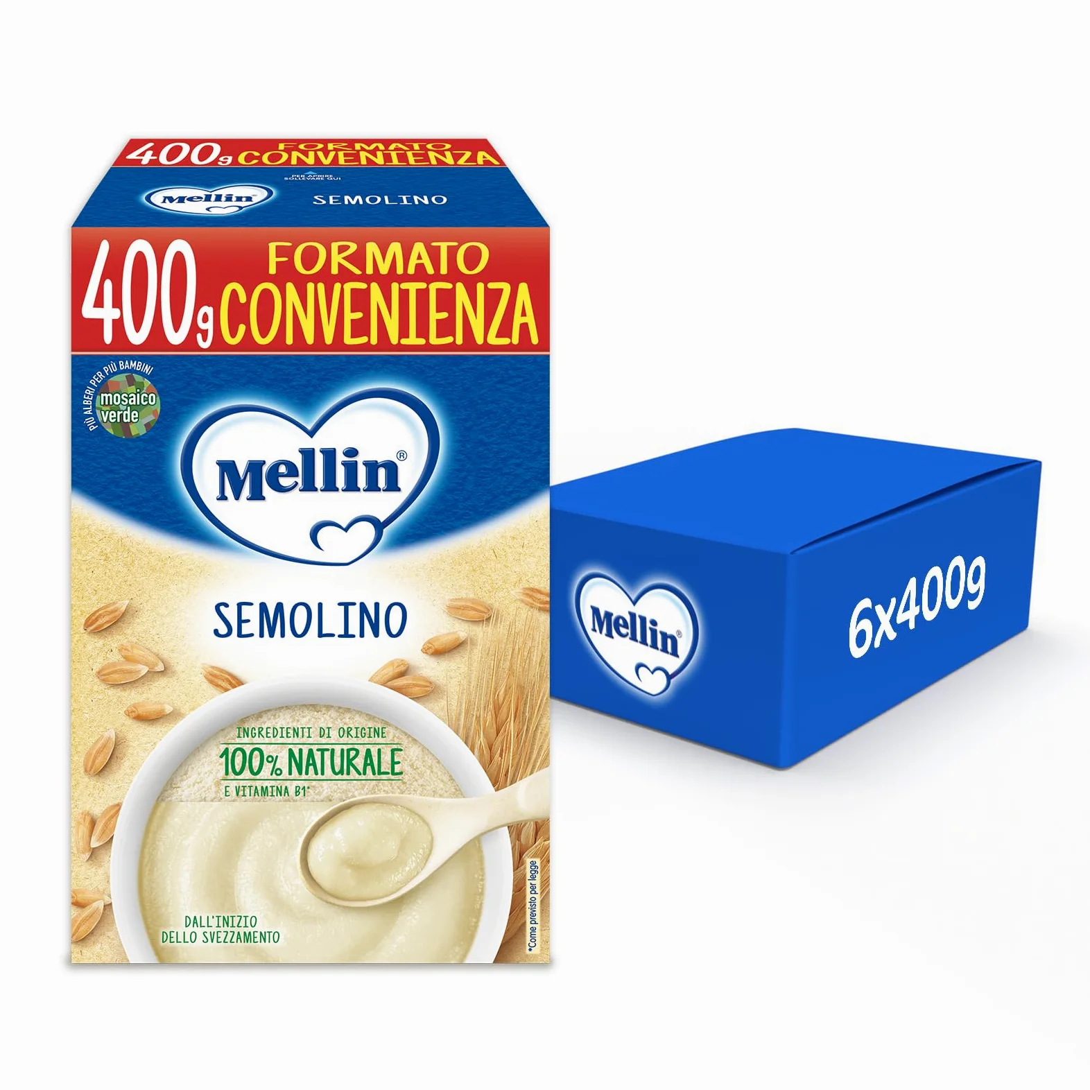 Mellin - Semolino - Alimento con Vitamina B1, per Bambini dal 4° Mese Compiuto - 6 Confezioni da 400gr (Totale 2400gr)