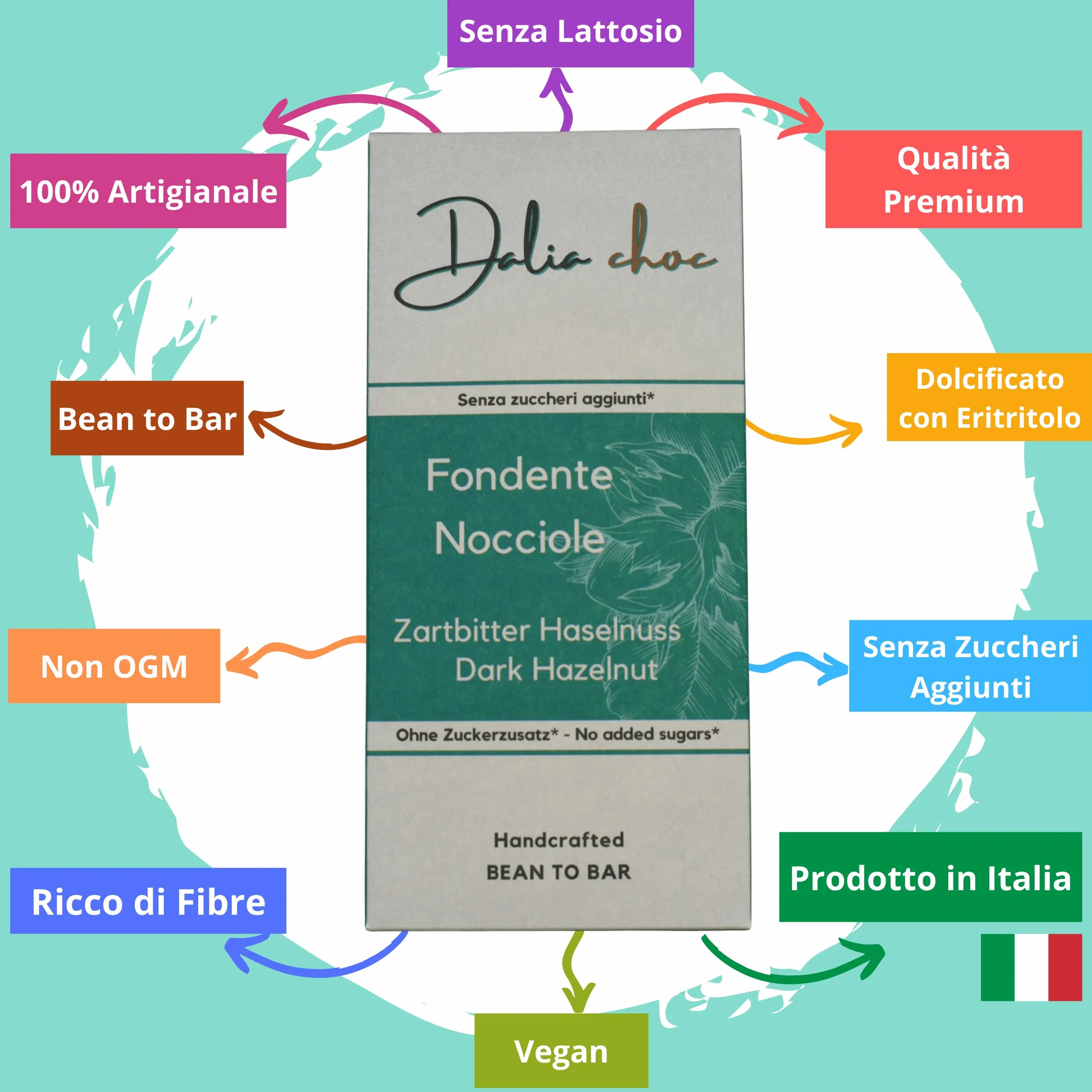 Dalia Choc - Tavolette di cioccolato PREMIUM - 10 Pezzi | Senza Aggiunta di Zuccheri | Prodotto in ITALIA | BEAN TO BAR - FONDENTE-NOCCIOLE