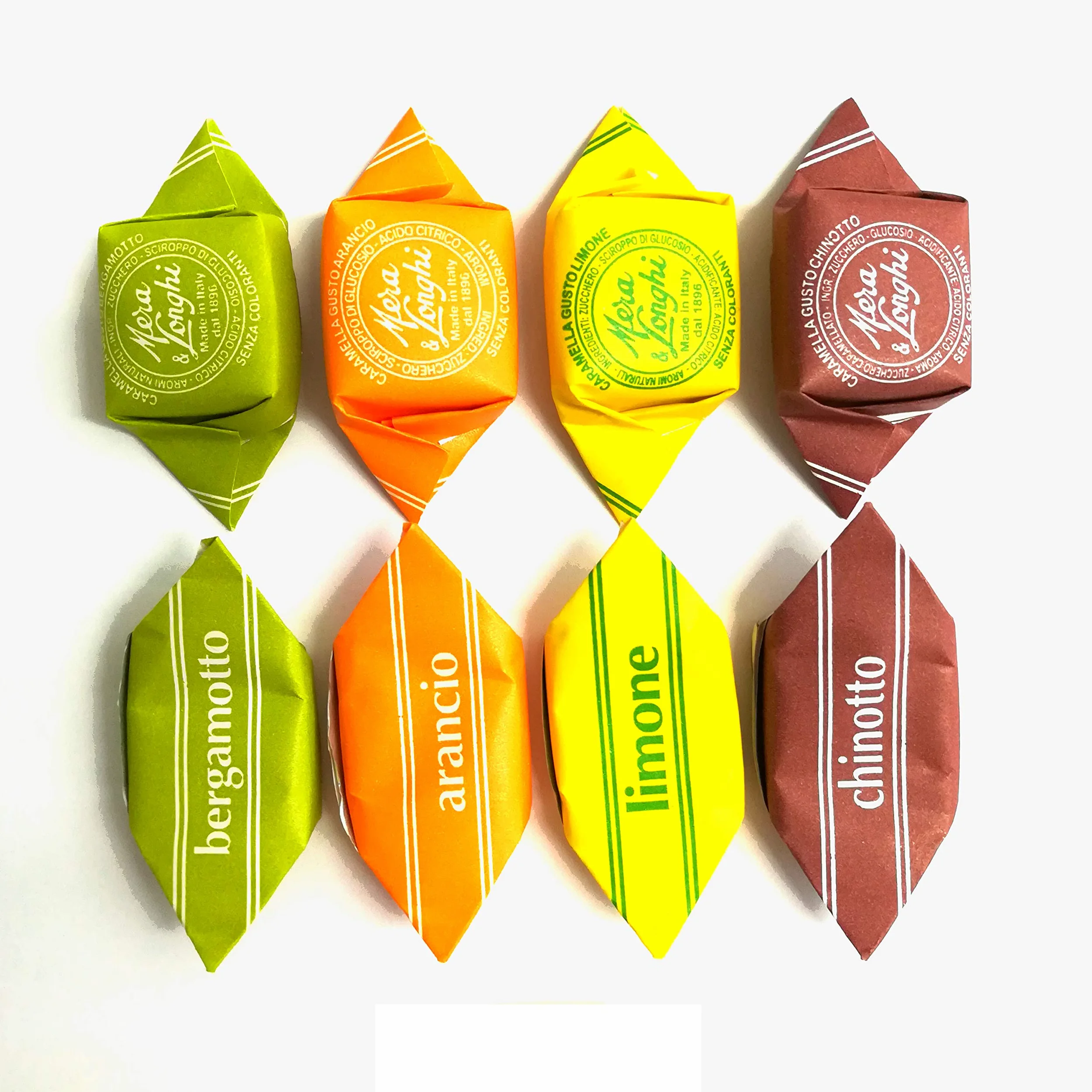 Caramelle Misto Agrumi Mera Longhi Kg 4 - Senza glutine, Senza Lattosio, Senza Coloranti, Solo Aromi Naturali - Assortimento Chinotto, Bergamotto, Arancia e Limone - Le mitiche Quadre dure Mera&Longhi