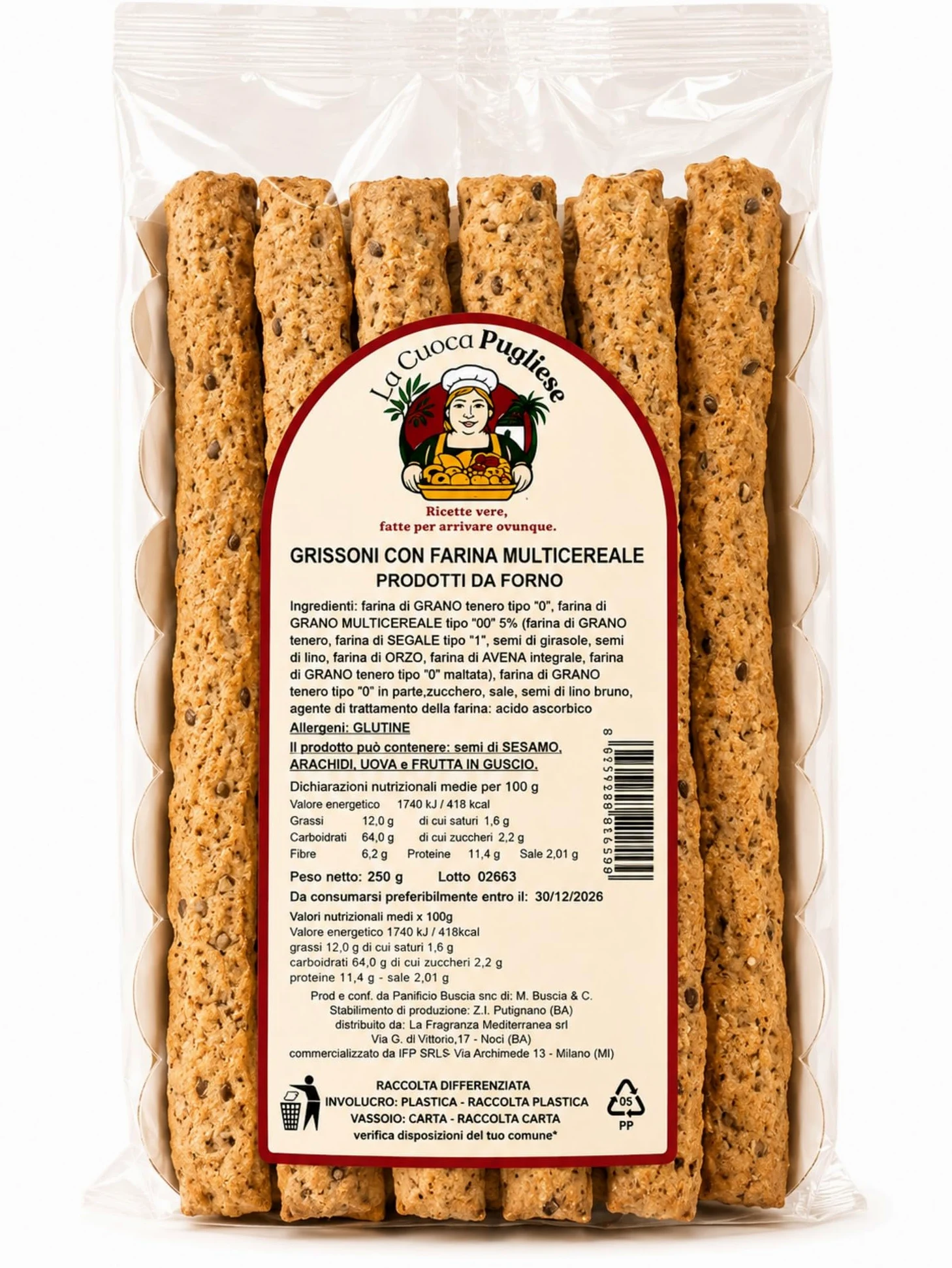 La Cuoca Pugliese - Grissoni Multicereali Artigianali, grissini croccanti con farina multicereale e semi, snack salato da forno, 10 confezioni da 250 g