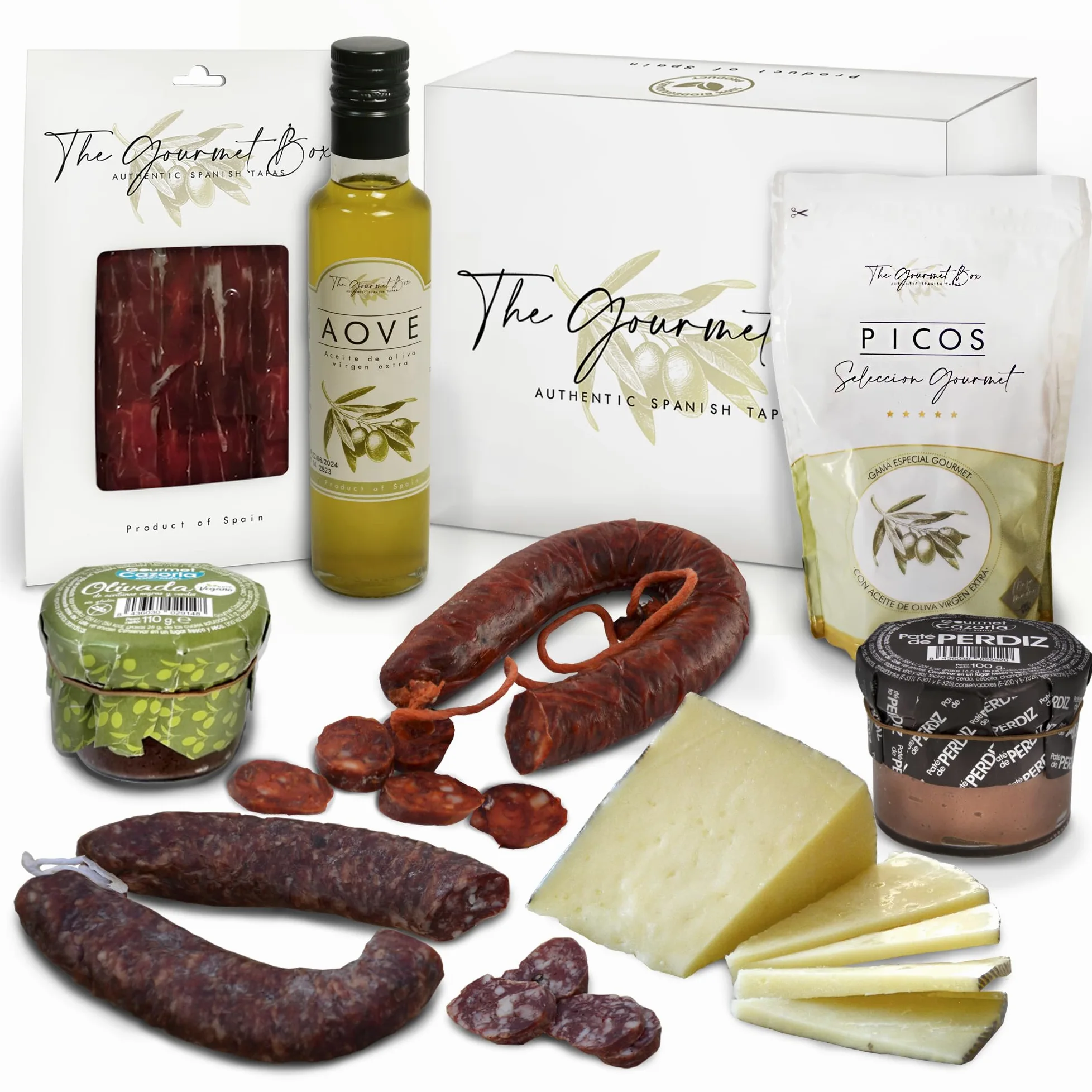 GOURMET BOX | Cesto Gourmet | Regalo per Occasioni Speciali | Prodotti Ibérici Delicatessen, Formaggio Pecorino al 100%, Paté (Olivada e Perdiz), Picos Gourmet e Olio Extra Vergine di Oliva