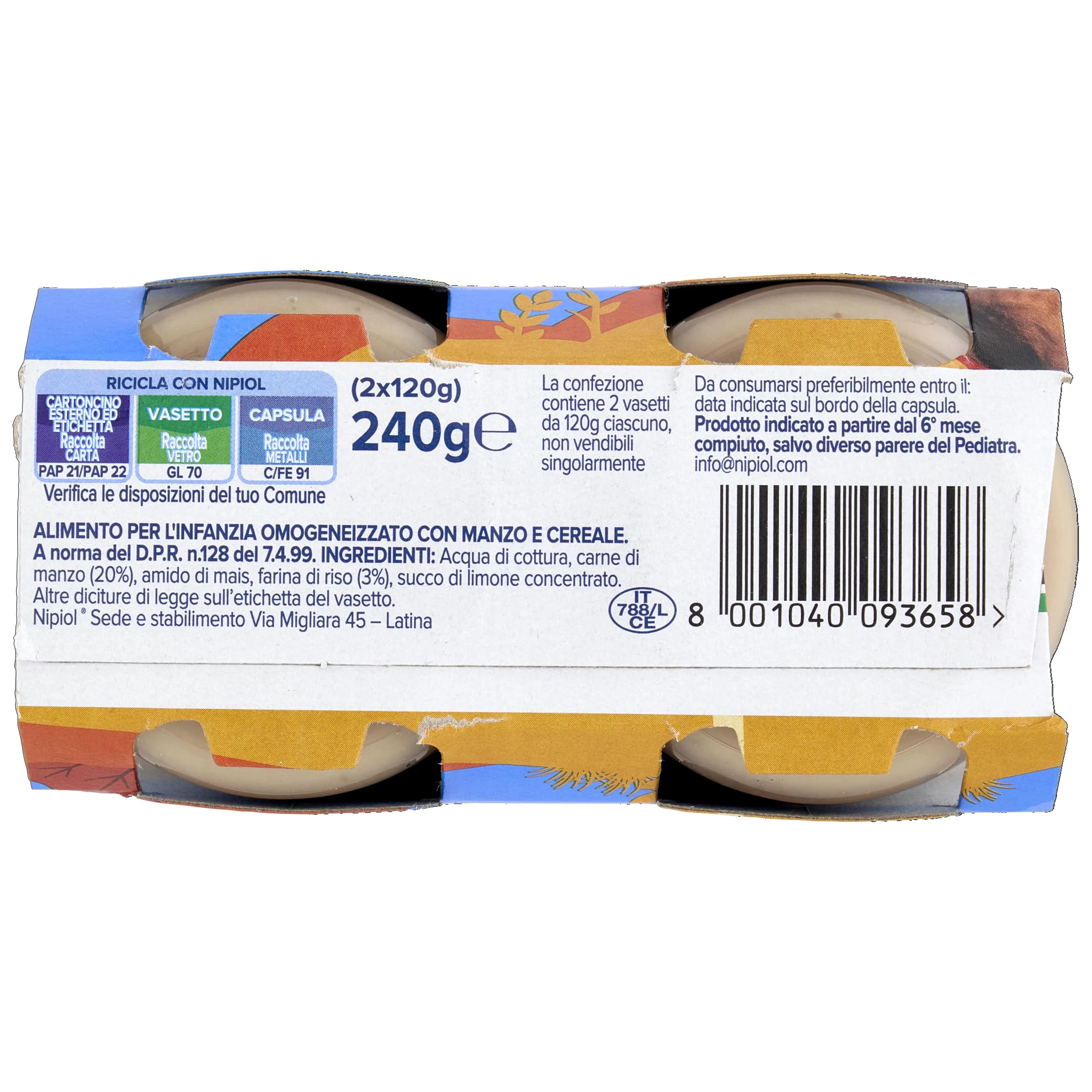 Nipiol Omogeneizzato Manzo - 2x120 g, 12 Confezioni