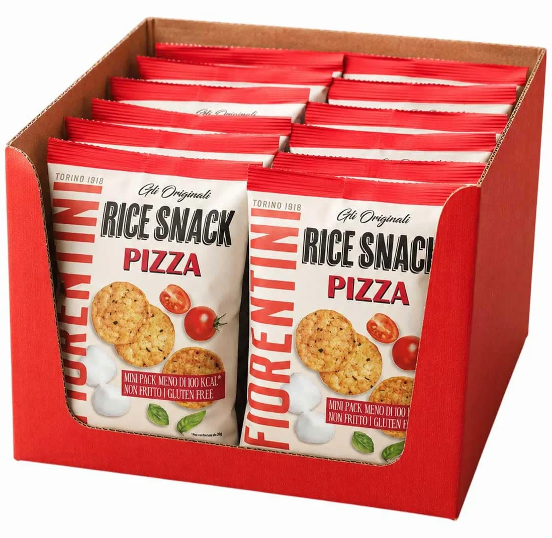 Rice Snack Pizza Mini Pack 20g per Fiorentini, Box con 12 Confezioni da 20g, Snack di Riso Croccanti Gusto Pizza, Senza Glutine, Non Fritti, Monoporzione per Aperitivo e Pausa Snack