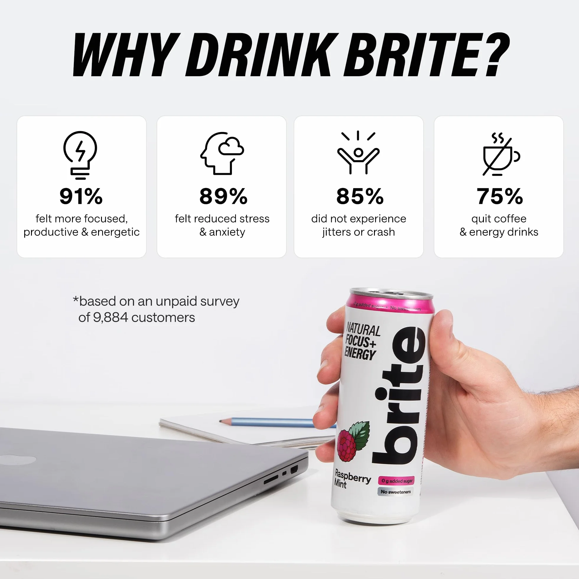 Brite Natural Focus. Bevanda energetica e alternativa al caffè per aumentare la produttività. A base vegetale, a basso contenuto calorico, vegana, senza glutine. Lampone e menta 12 x 330 ml.