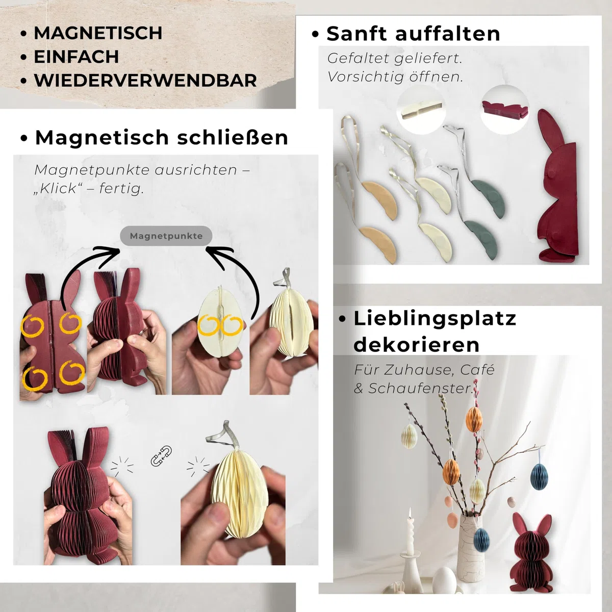 Set di 7 decorazioni pasquali – Carta a nido d'ape, coniglietto pasquale rosso bordeaux (20 cm) e 6 uova di Pasqua da appendere, magnetica, riutilizzabile, decorazione primaverile per