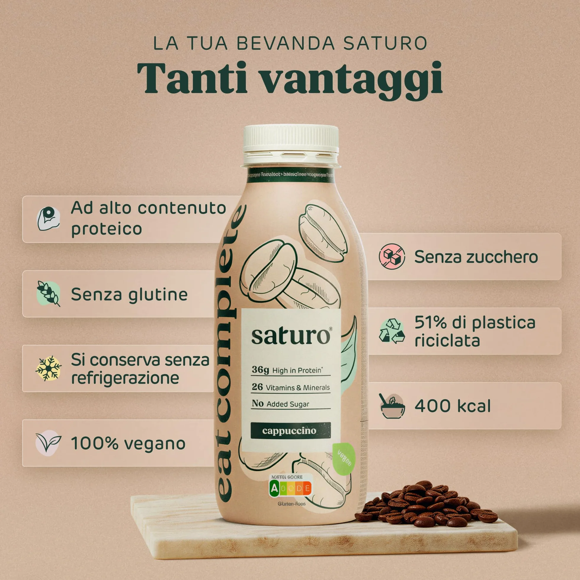 Saturo Pasto Sostitutivo Frullato Gusto Cappuccino | 36 g di proteine & senza zucchero | 400 kcal | Vegano | Pasto Bevibile con Nutrienti Essenziali | 6 x 400 ml