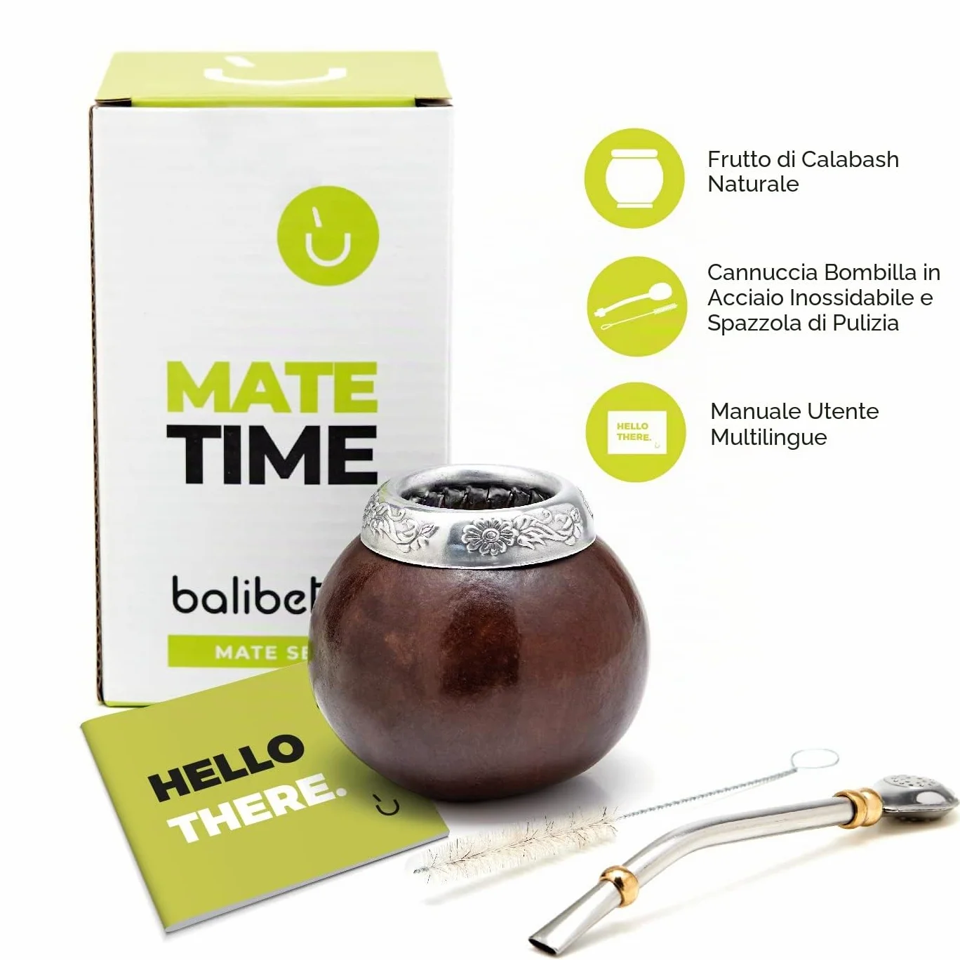 BALIBETOV Mate Argentino - Te Mate Kit di Zucca Naturale Fatto a Mano (Tazza Mate Originale) Compreso Bombilla Mate (Yerba Mate Bombilla) - Set Mate Argentino Autentico (Marrone)