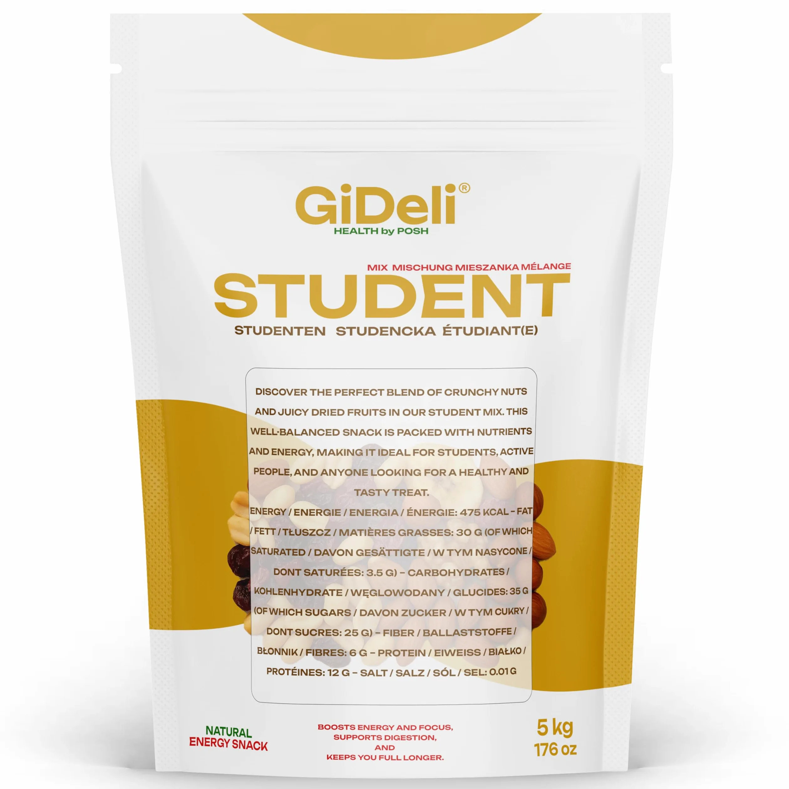GiDeli Mangime studentesco Premium 5 kg miscela di frutta con arachidi, anacardi, nocciole, mandorle, noci, uvetta, mirtilli rossi e banane chips senza additivi