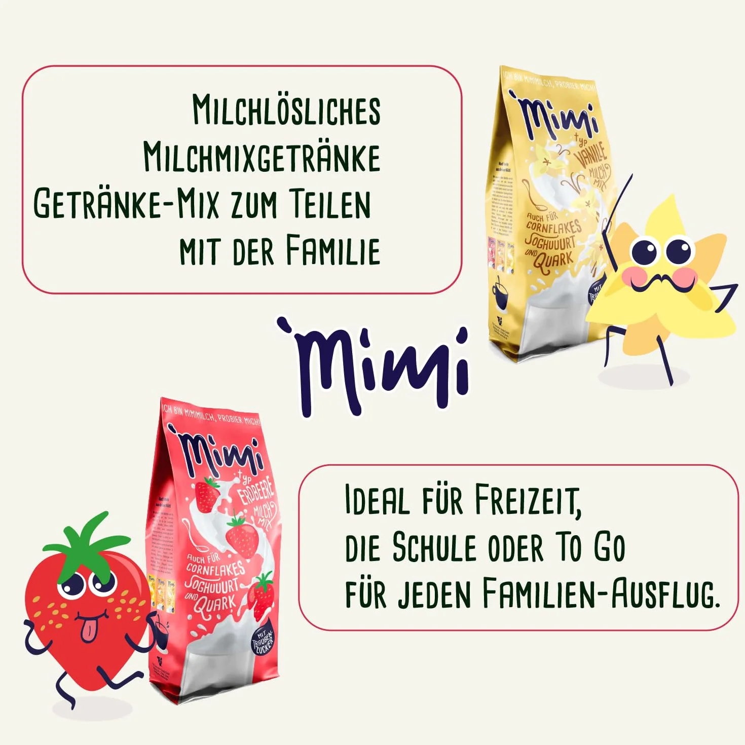 Mimi, confezione da 8 pezzi, mix di latte e bevande in polvere (2 confezioni da 400 g), banana, fragola, mango, vaniglia, confezione conveniente, ideale per il tempo libero, la scuola o per andare in