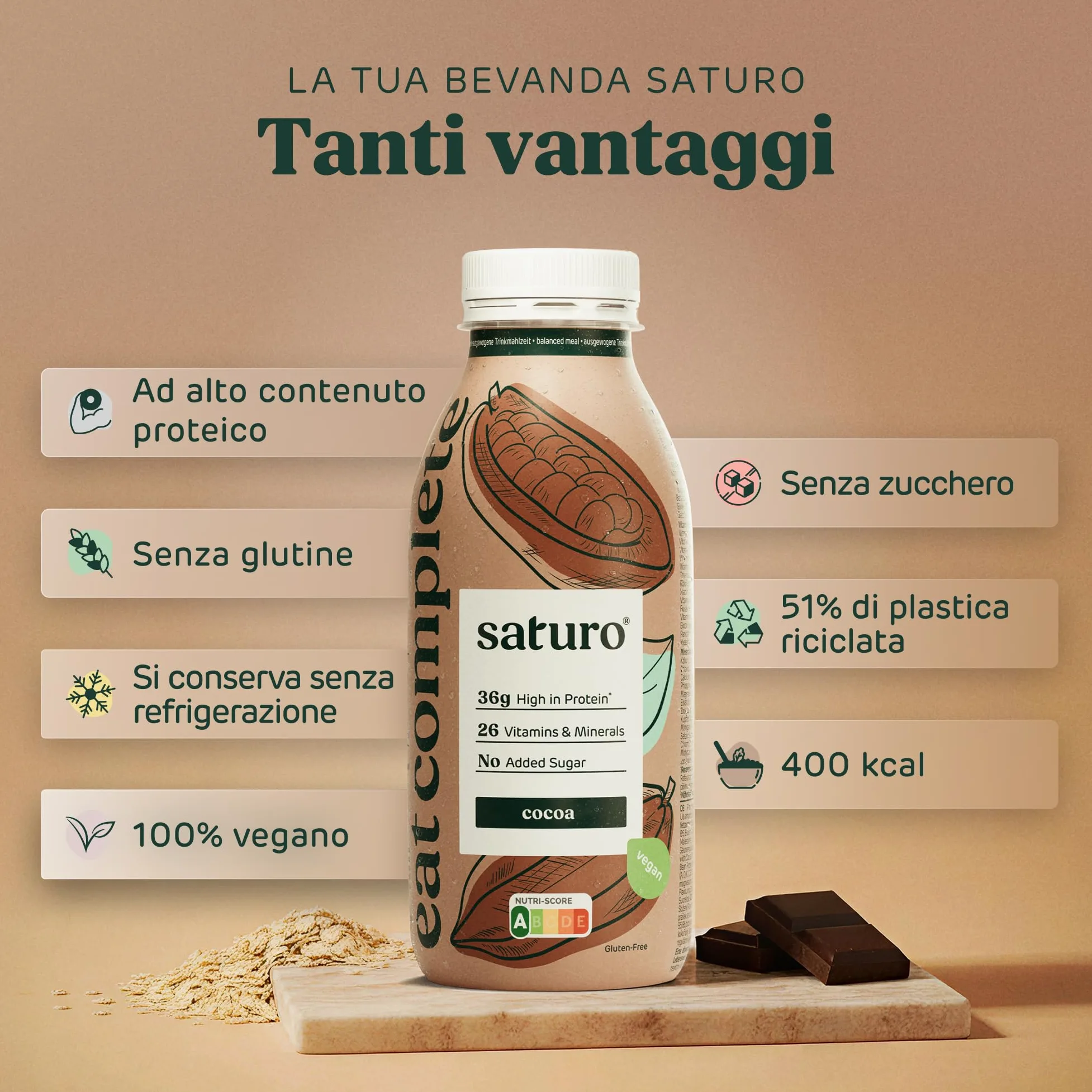 Saturo Pasto Sostitutivo Frullato Gusto Cocoa | 36 g di proteine & senza zucchero | 400 kcal | Vegano | Pasto Bevibile con Nutrienti Essenziali | Cioccolato | 6 x 400 ml