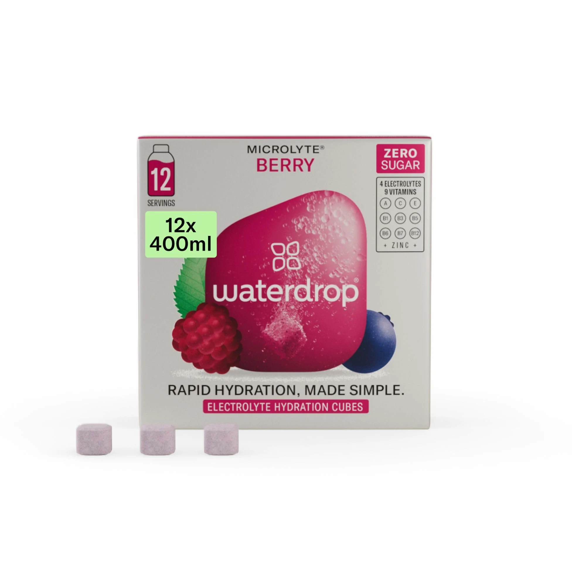 waterdrop® Microlyte BERRY, Sali Minerali: 4 Elettroliti, 9 Vitamine + Magnesio, 12 Cubetti per acqua, Insaporitore Acqua, Baie, Bevanda sportiva senza zucchero, Vegan e Cheto