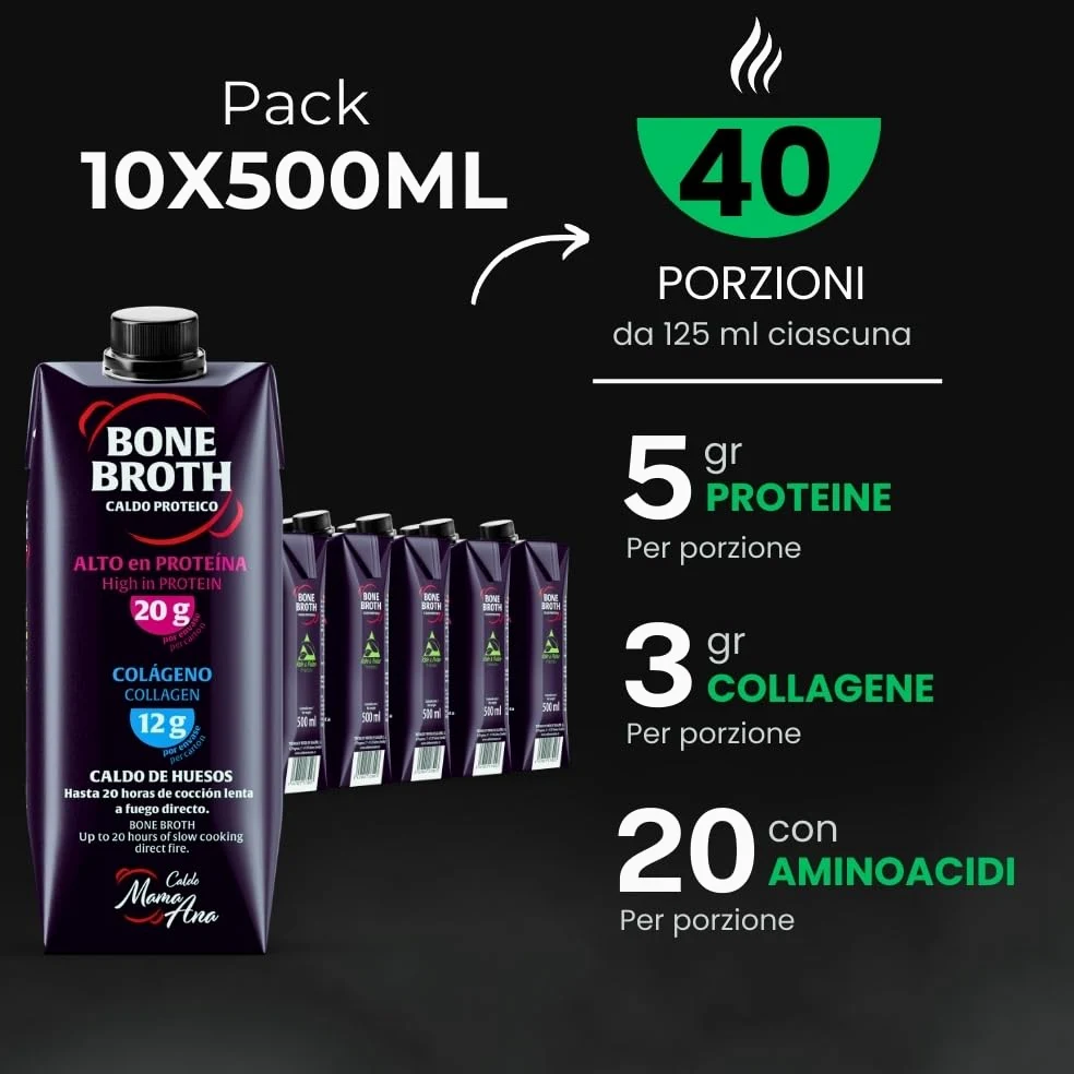 Brodo di Ossa Premium | Prodotto con Ossa di Manzo | Arricchito con Pollo, Maiale Iberico e 6 Verdure | Collagene, Proteine e Acido ialuronico | Bone Broth Naturale al 100% | 10x500ml | Mama Ana