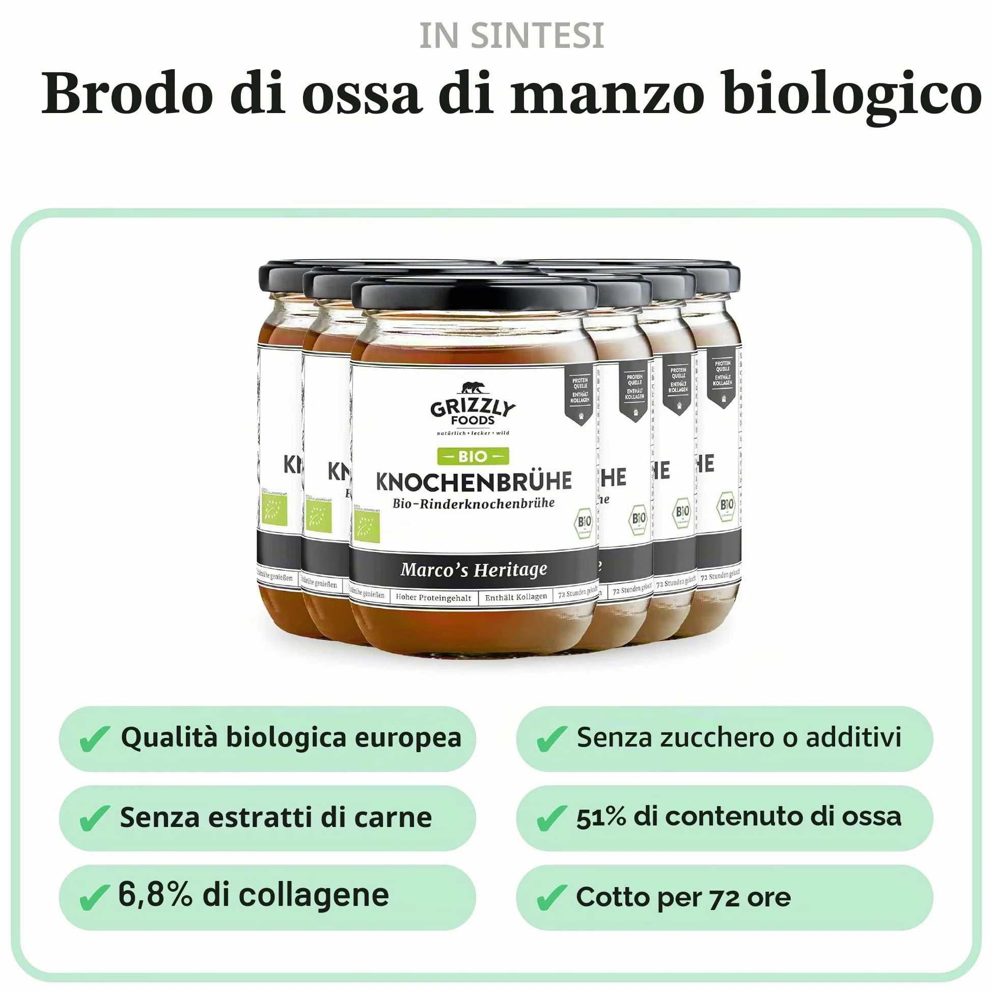 Grizzly Foods Brodo di ossa di manzo biologico (6 x 500 ml) - 25 g di collagene per bicchiere - Cotto per 72 ore - 100% naturale - Senza zucchero, senza additivi - Nutrienti preziosi - Bone Broth
